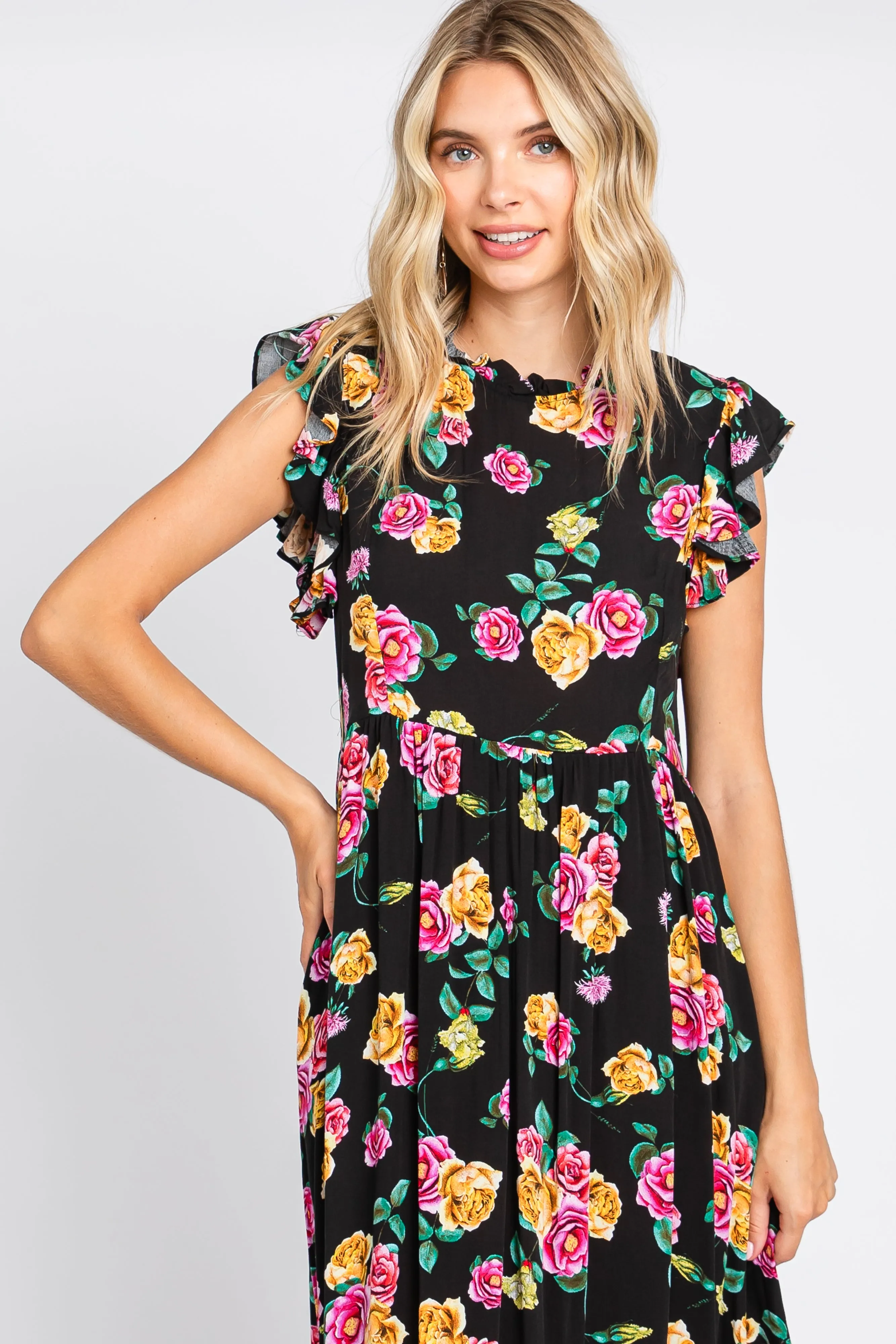 Black Floral Ruffle Shoulder Tiered Midi Dress sold by Pinkblush product image thumbnail 4