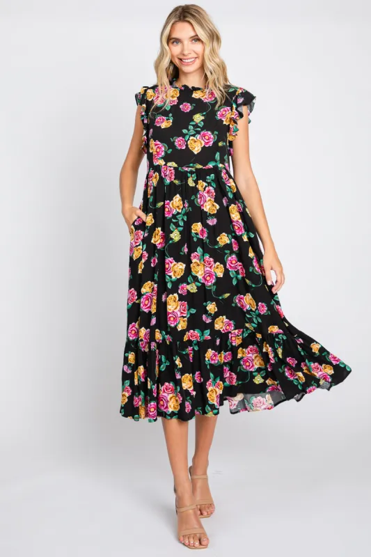 Black Floral Ruffle Shoulder Tiered Midi Dress sold by Pinkblush