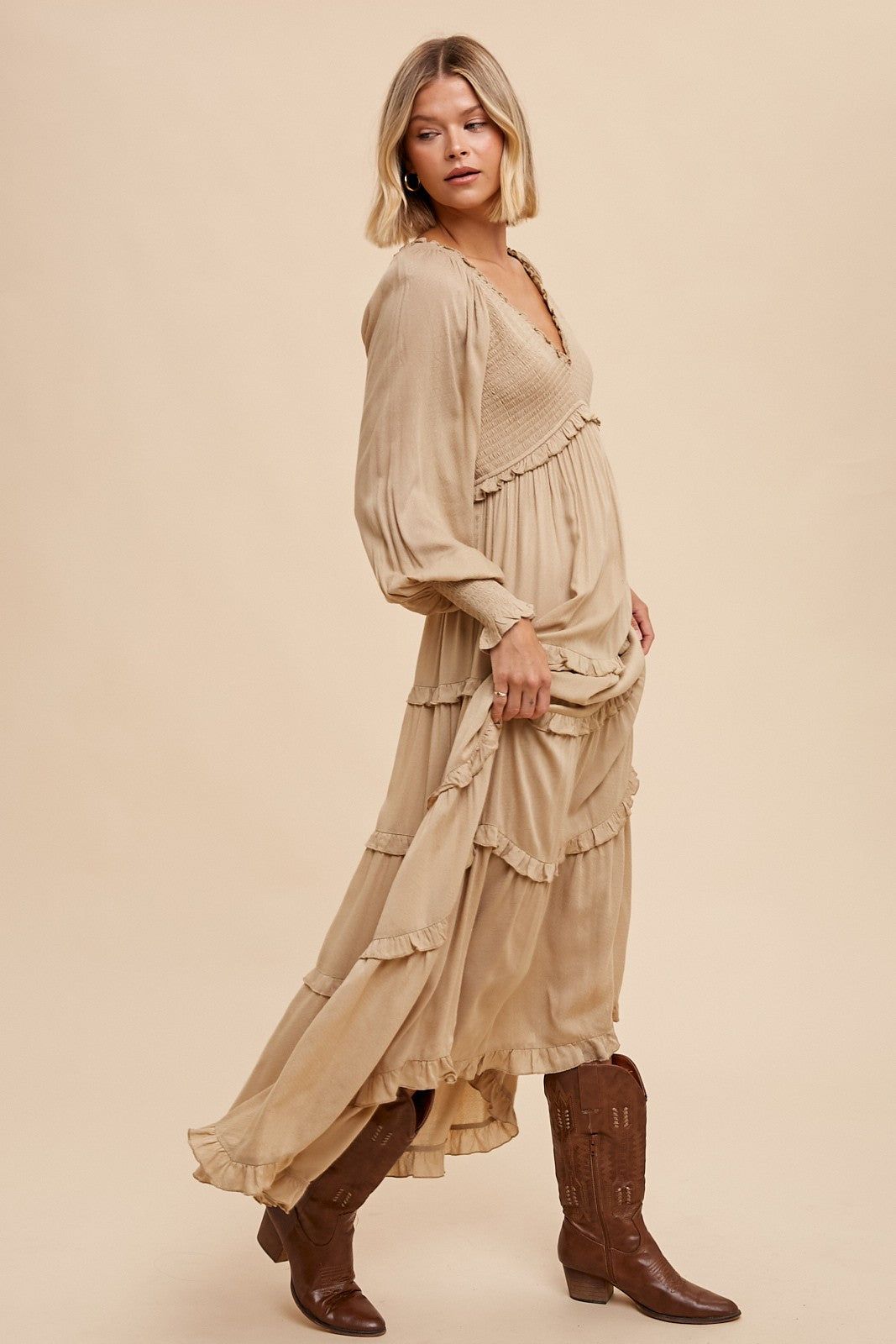 Taupe Smocked Ruffle Tiered Maxi Dress sold by Pinkblush product image thumbnail 2
