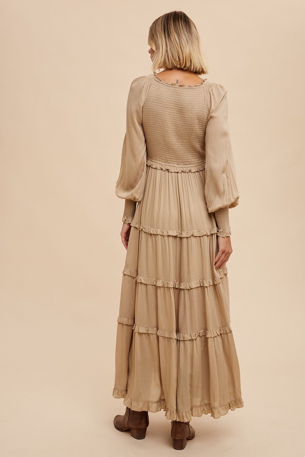 Taupe Smocked Ruffle Tiered Maxi Dress sold by Pinkblush product image thumbnail 3