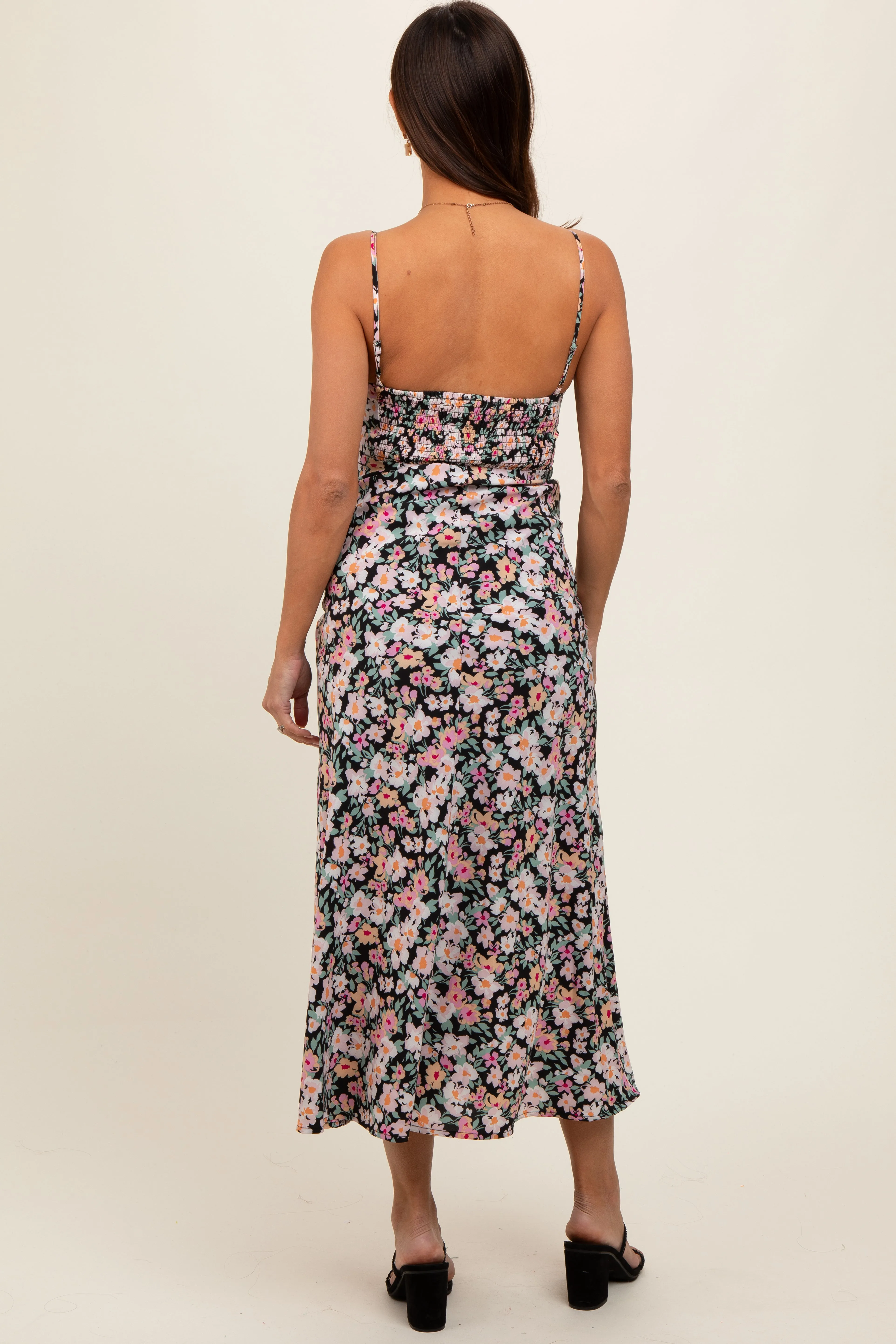 Black Floral Front Cutout Drawstring Tie Maternity Midi Dress sold by Pinkblush product image thumbnail 3