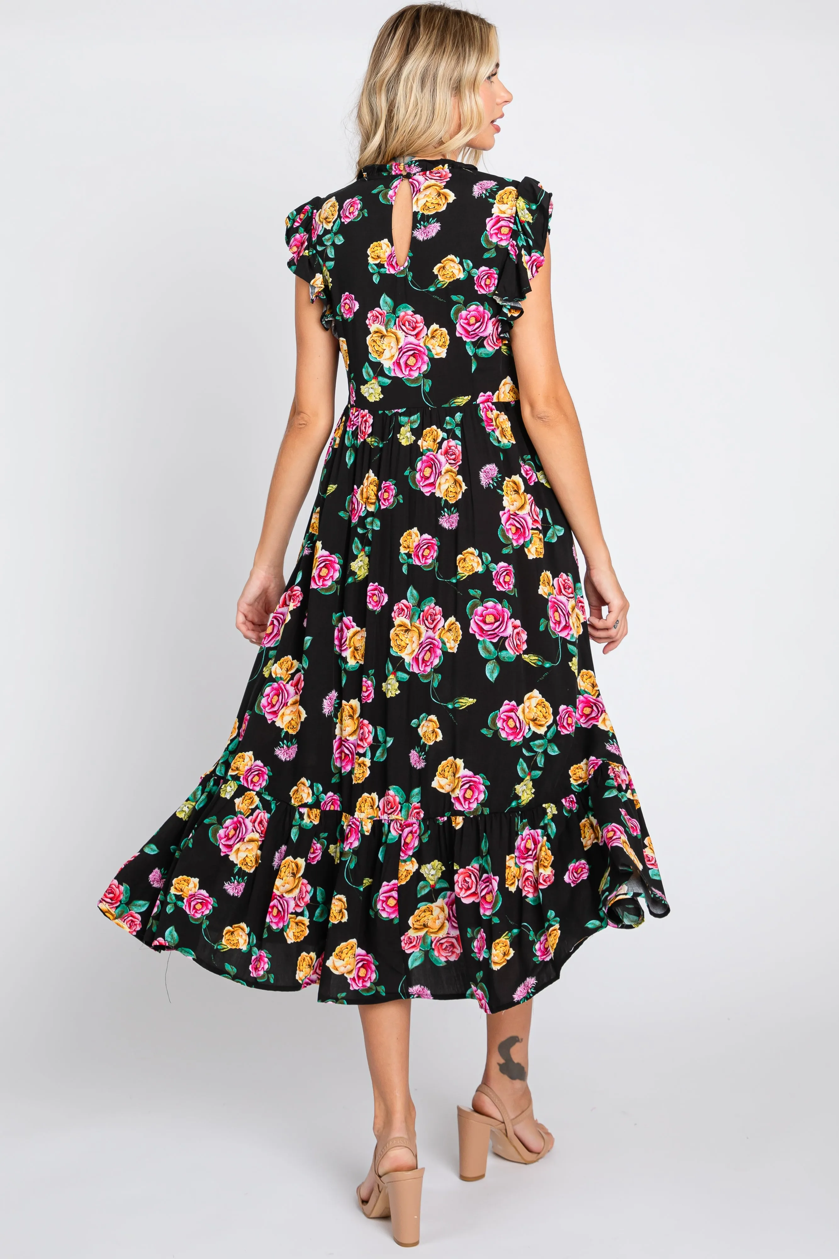 Black Floral Ruffle Shoulder Tiered Midi Dress sold by Pinkblush product image thumbnail 3