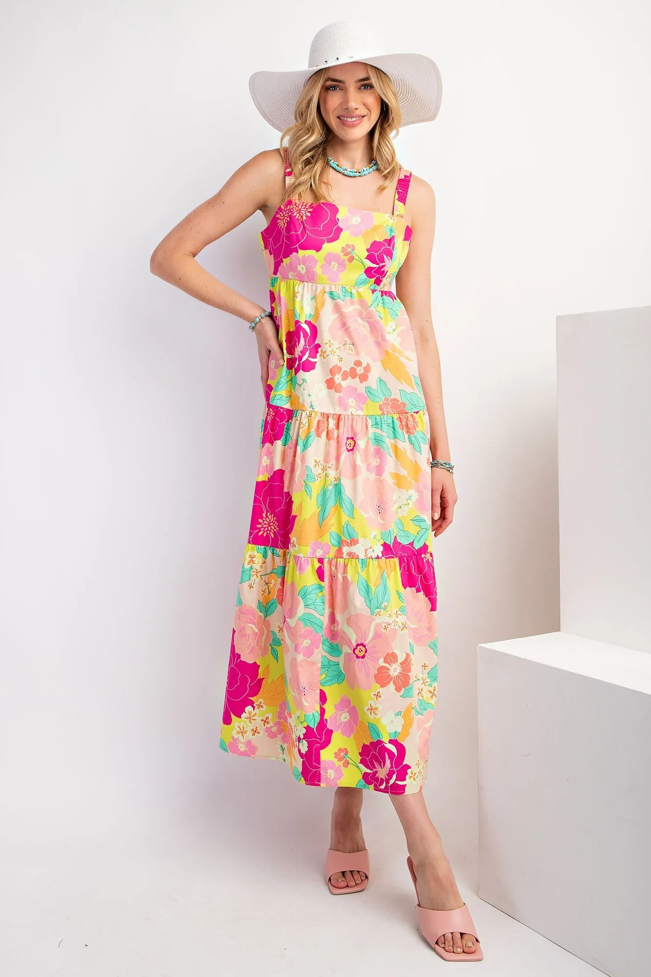 Lime Multi-Color Floral Tiered Cutout Back Dress sold by Pinkblush