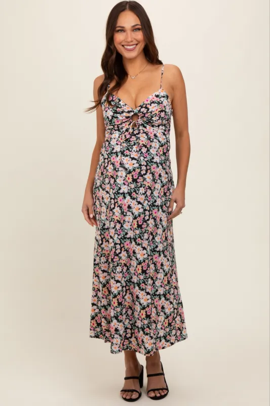 Black Floral Front Cutout Drawstring Tie Maternity Midi Dress sold by Pinkblush