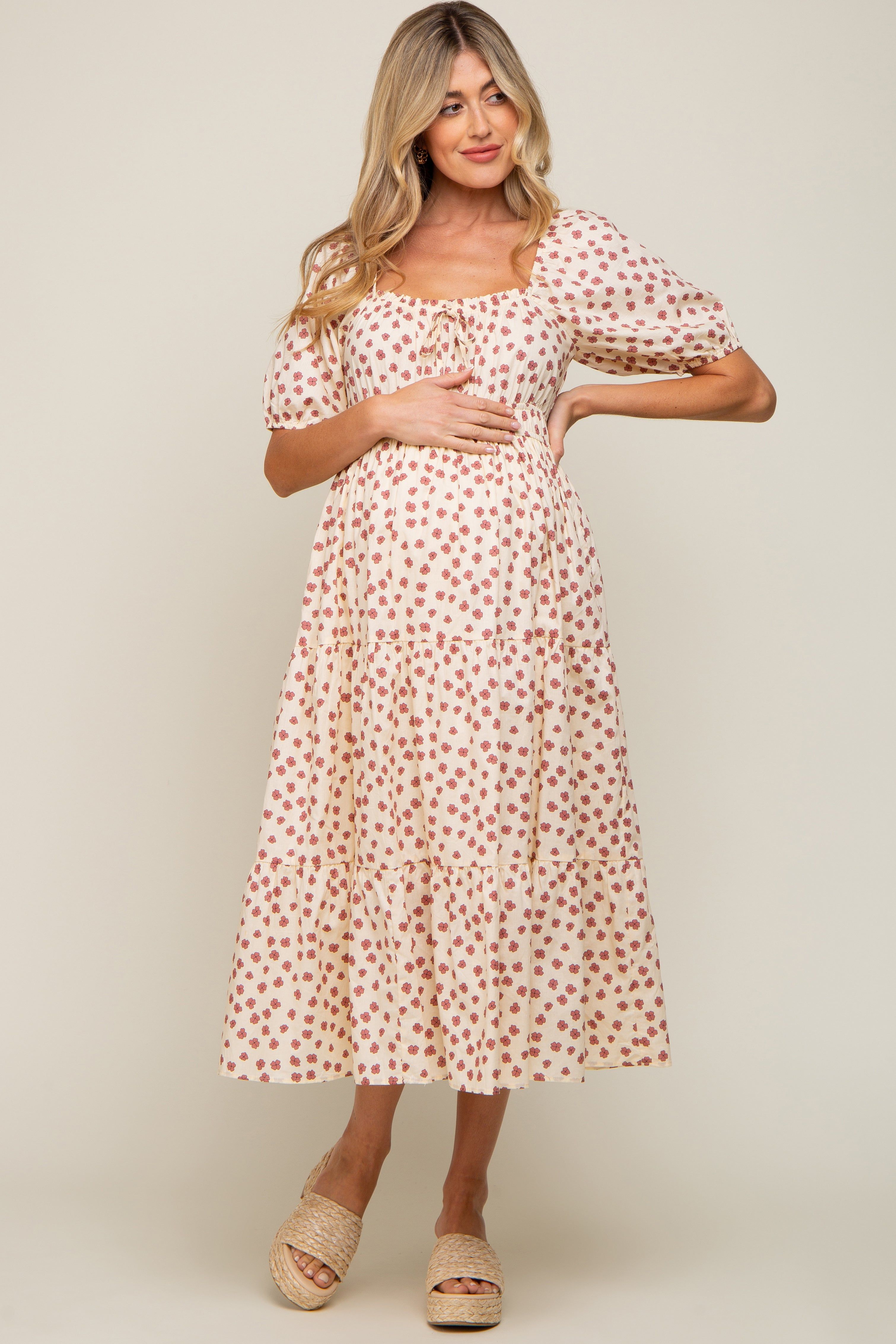 Cream Floral Puff Sleeve Tiered Maternity Midi Dress sold by Pinkblush product image thumbnail 4