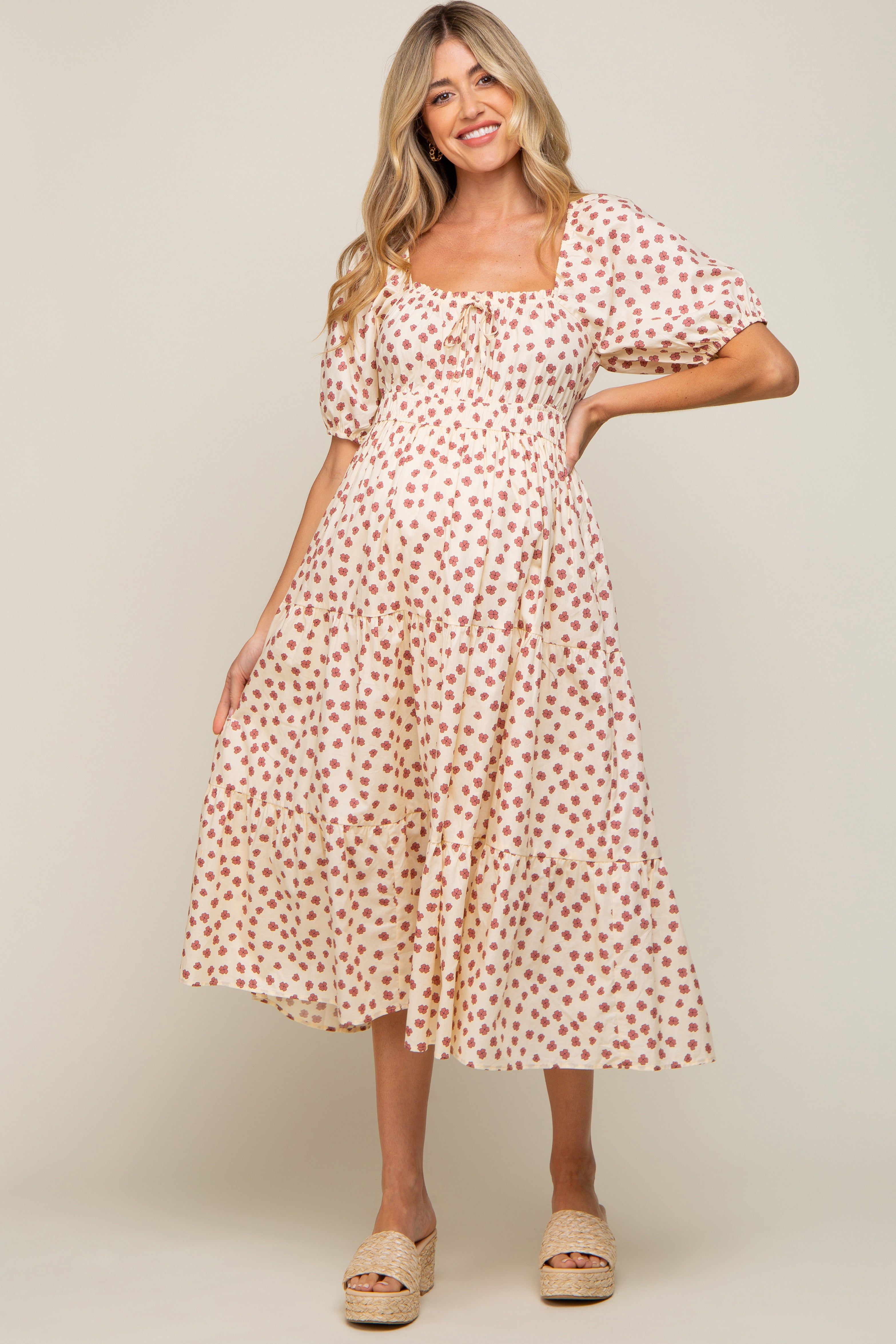 Cream Floral Puff Sleeve Tiered Maternity Midi Dress sold by Pinkblush