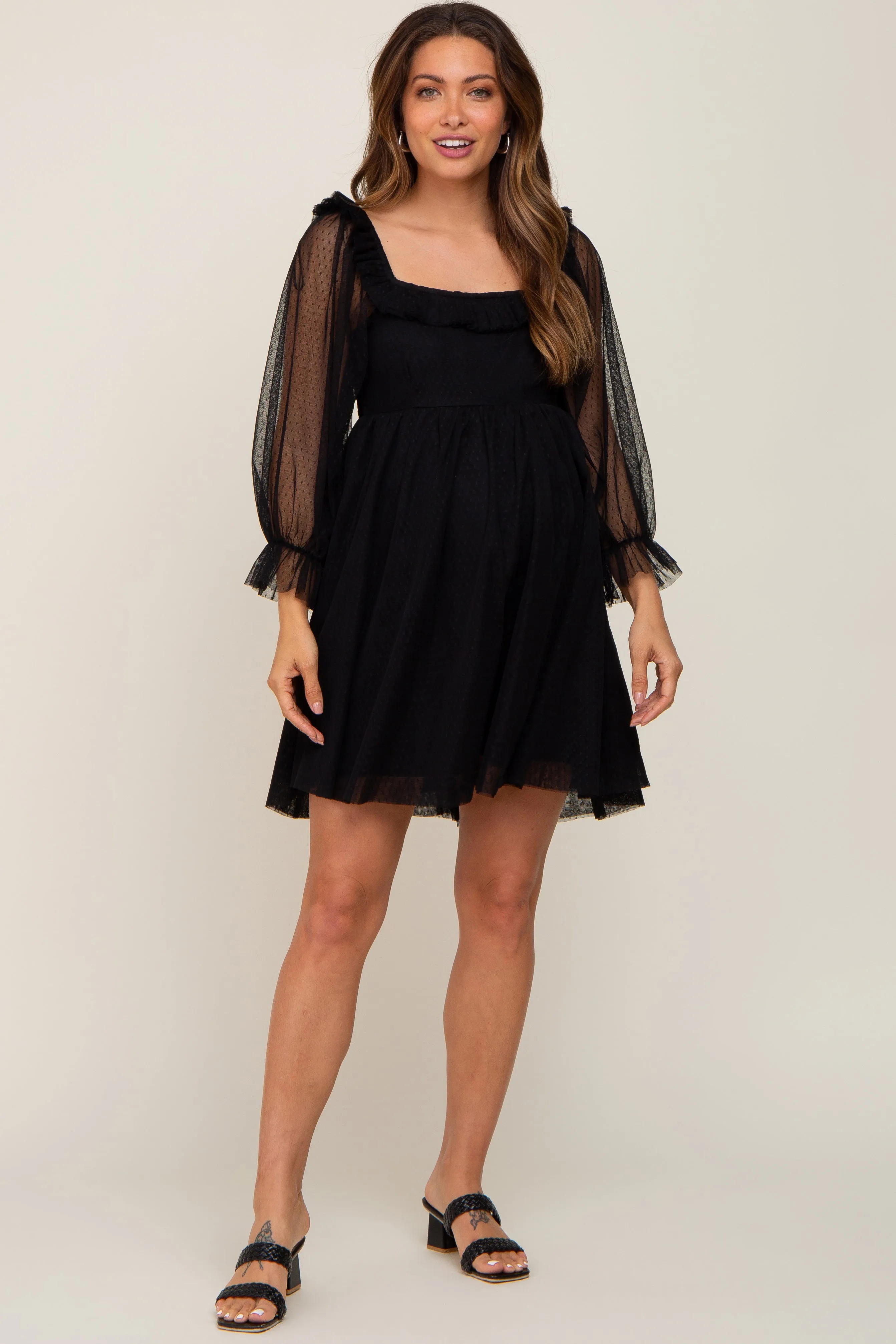 Black Polka Dot Mesh 3/4 Sleeve Maternity Dress sold by Pinkblush product image thumbnail 5