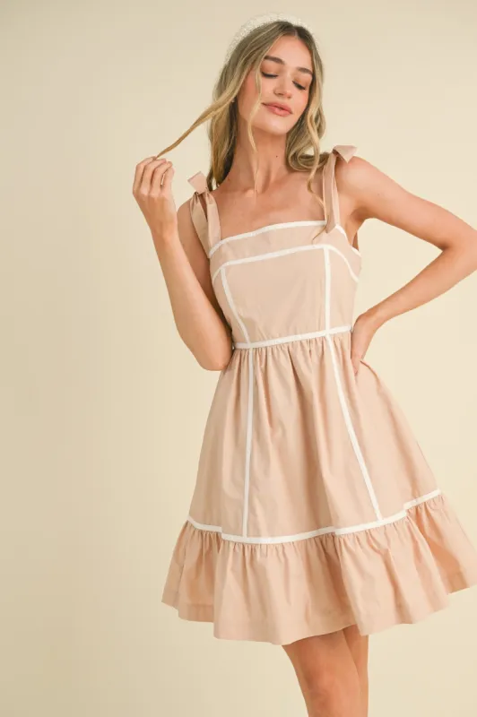 Taupe White Contrast Binding Mini Dress sold by Pinkblush