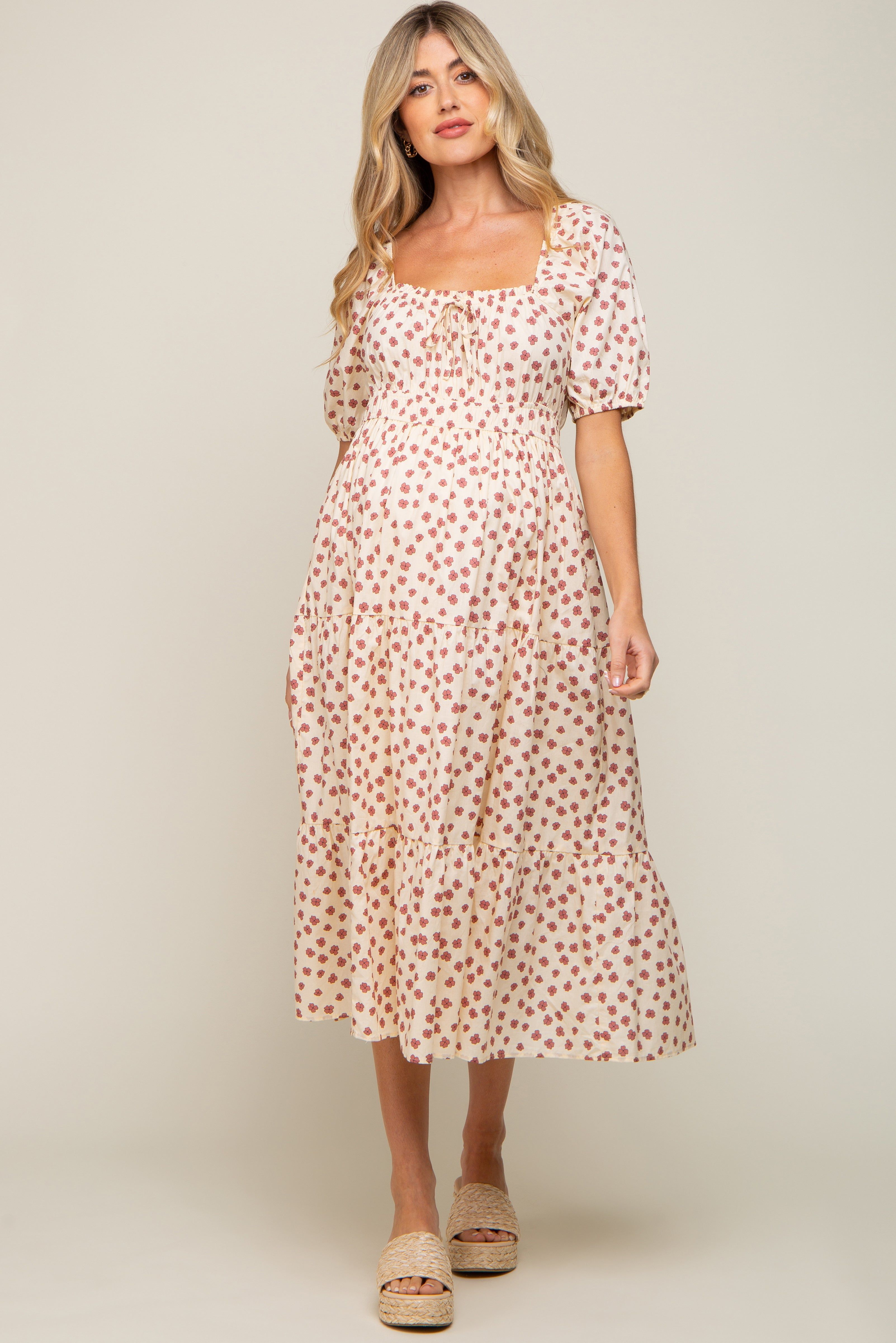 Cream Floral Puff Sleeve Tiered Maternity Midi Dress sold by Pinkblush product image thumbnail 5