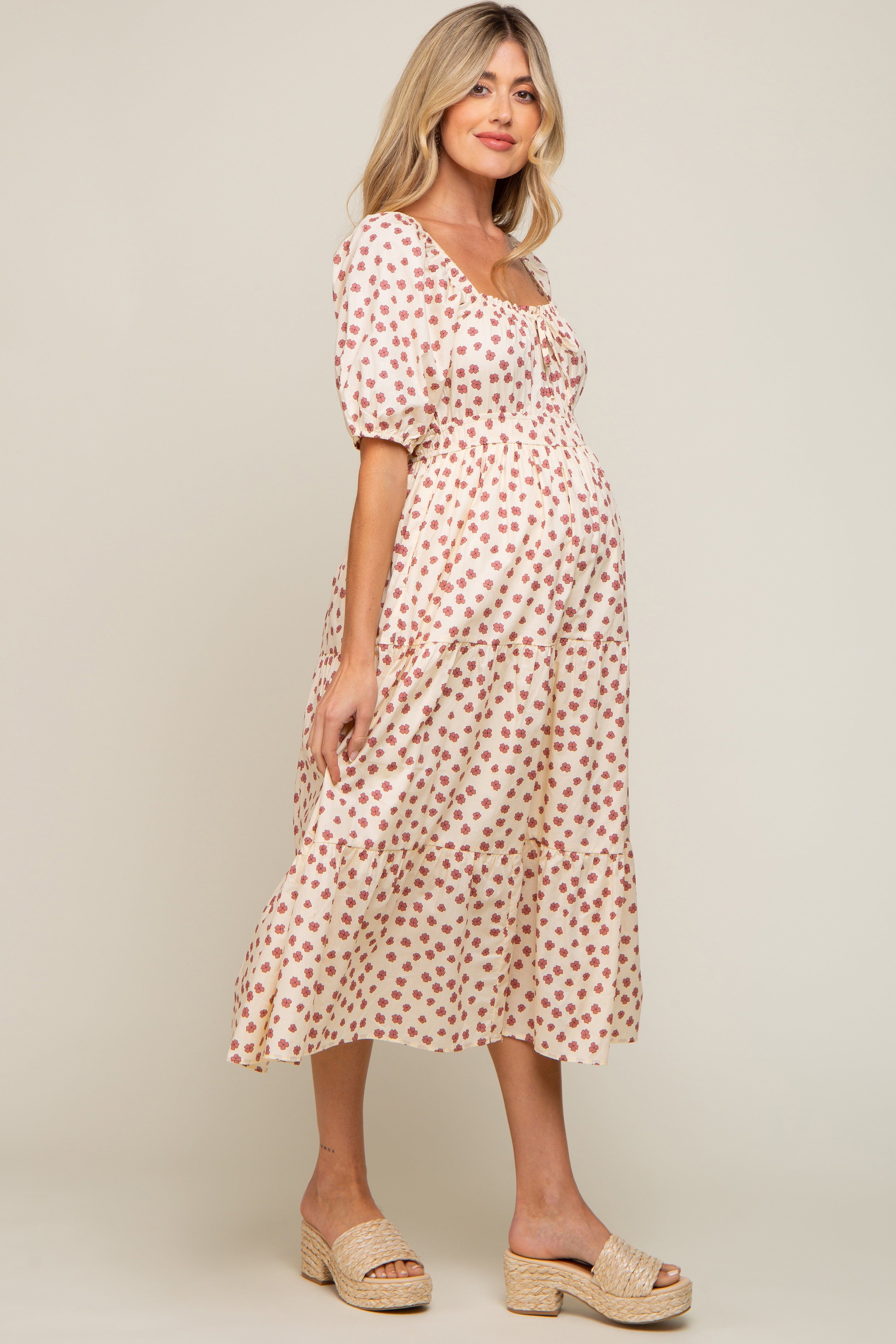 Cream Floral Puff Sleeve Tiered Maternity Midi Dress sold by Pinkblush product image thumbnail 2