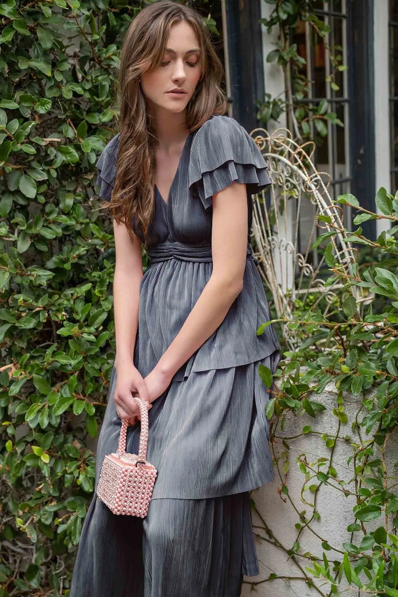 Blue Pleated Tiered Midi Dress sold by Pinkblush