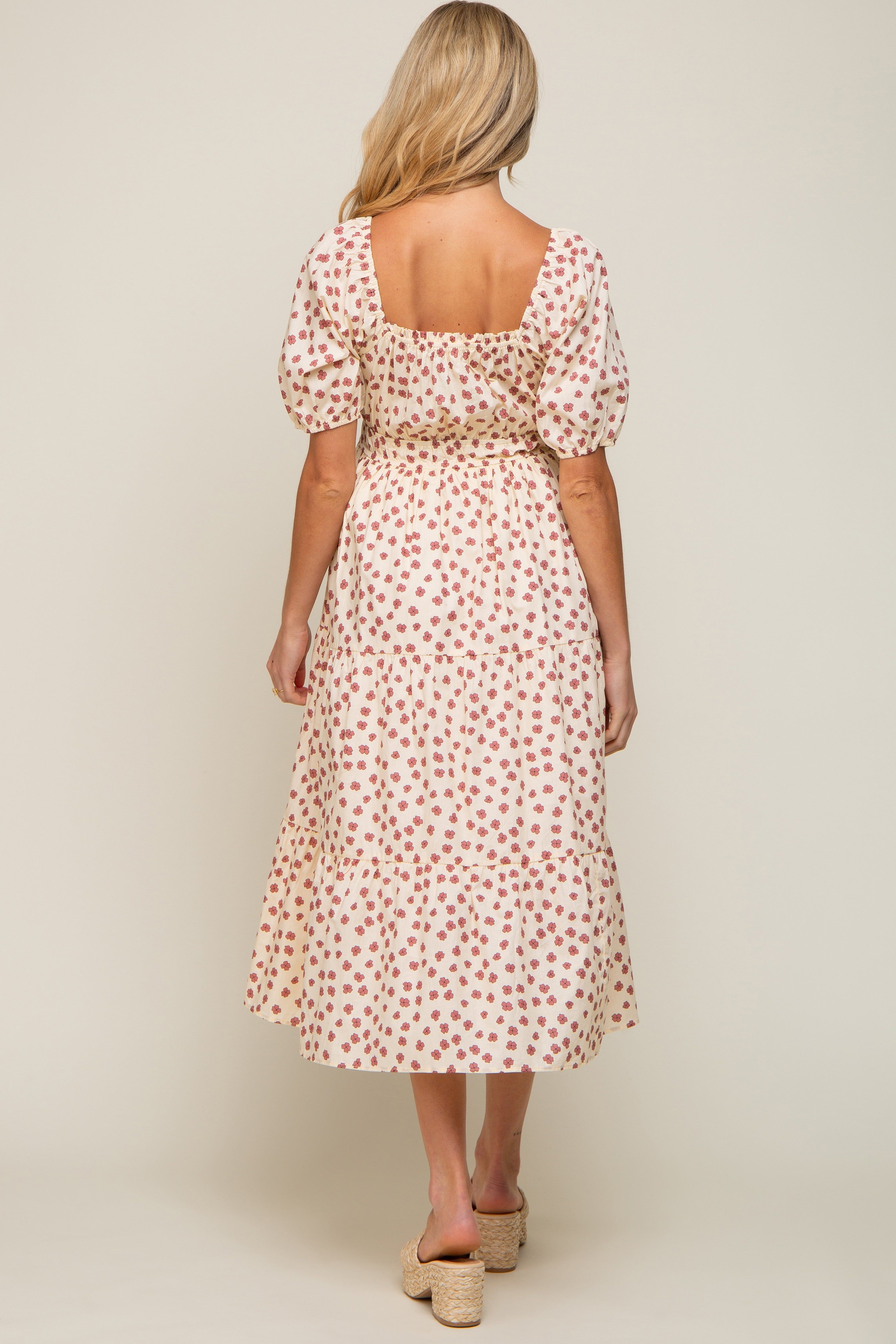 Cream Floral Puff Sleeve Tiered Maternity Midi Dress sold by Pinkblush product image thumbnail 3