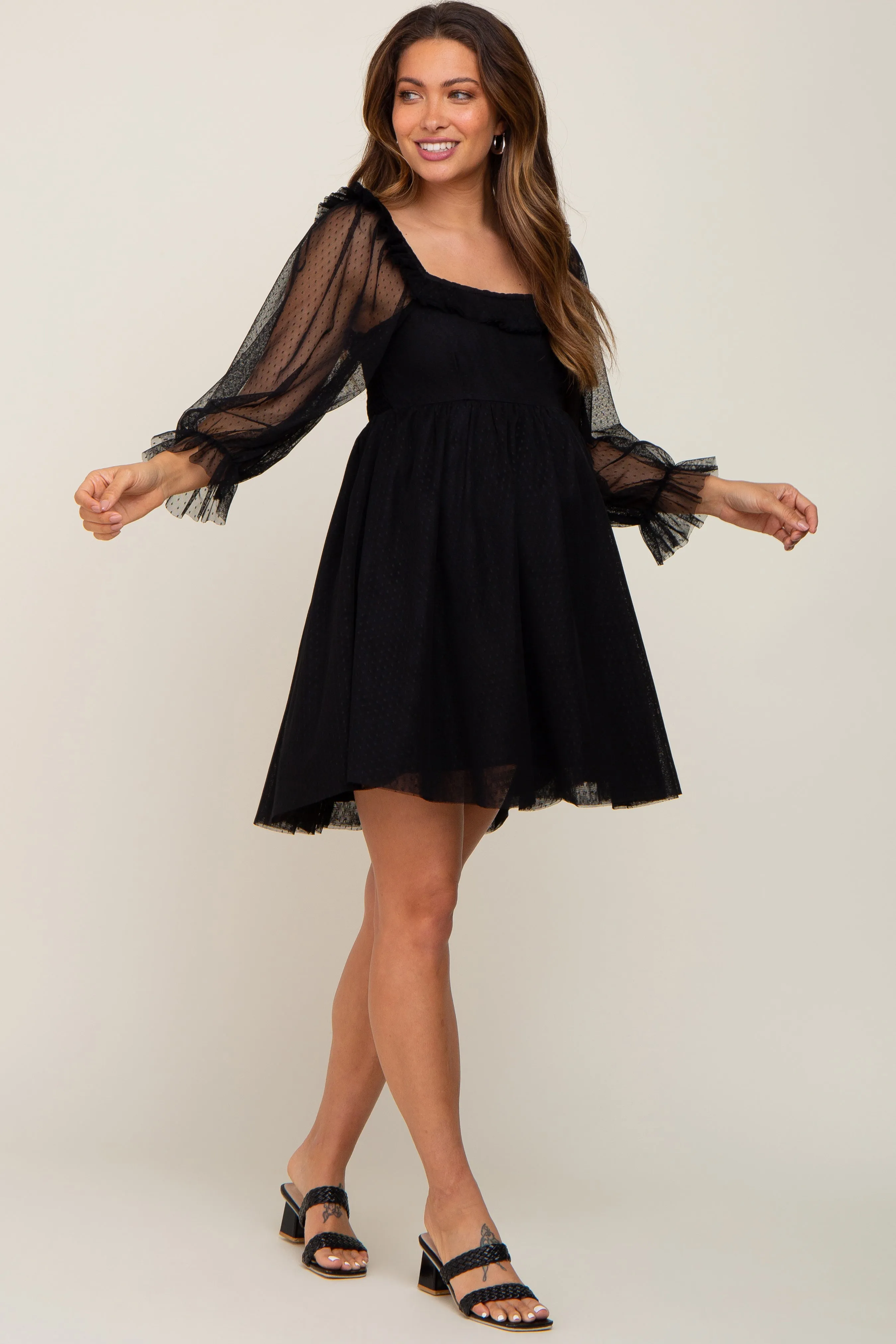 Black Polka Dot Mesh 3/4 Sleeve Maternity Dress sold by Pinkblush product image thumbnail 4