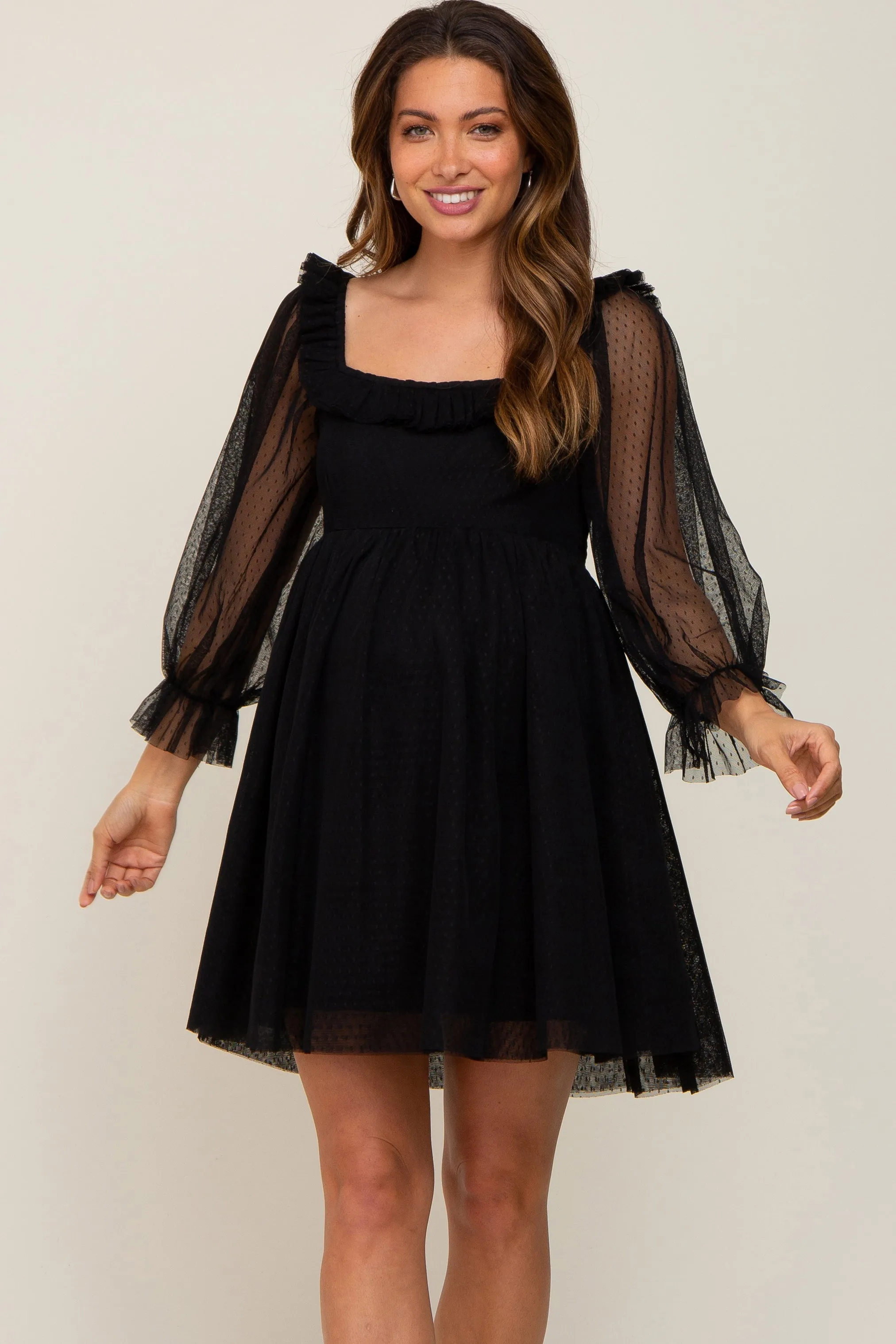 Black Polka Dot Mesh 3/4 Sleeve Maternity Dress sold by Pinkblush