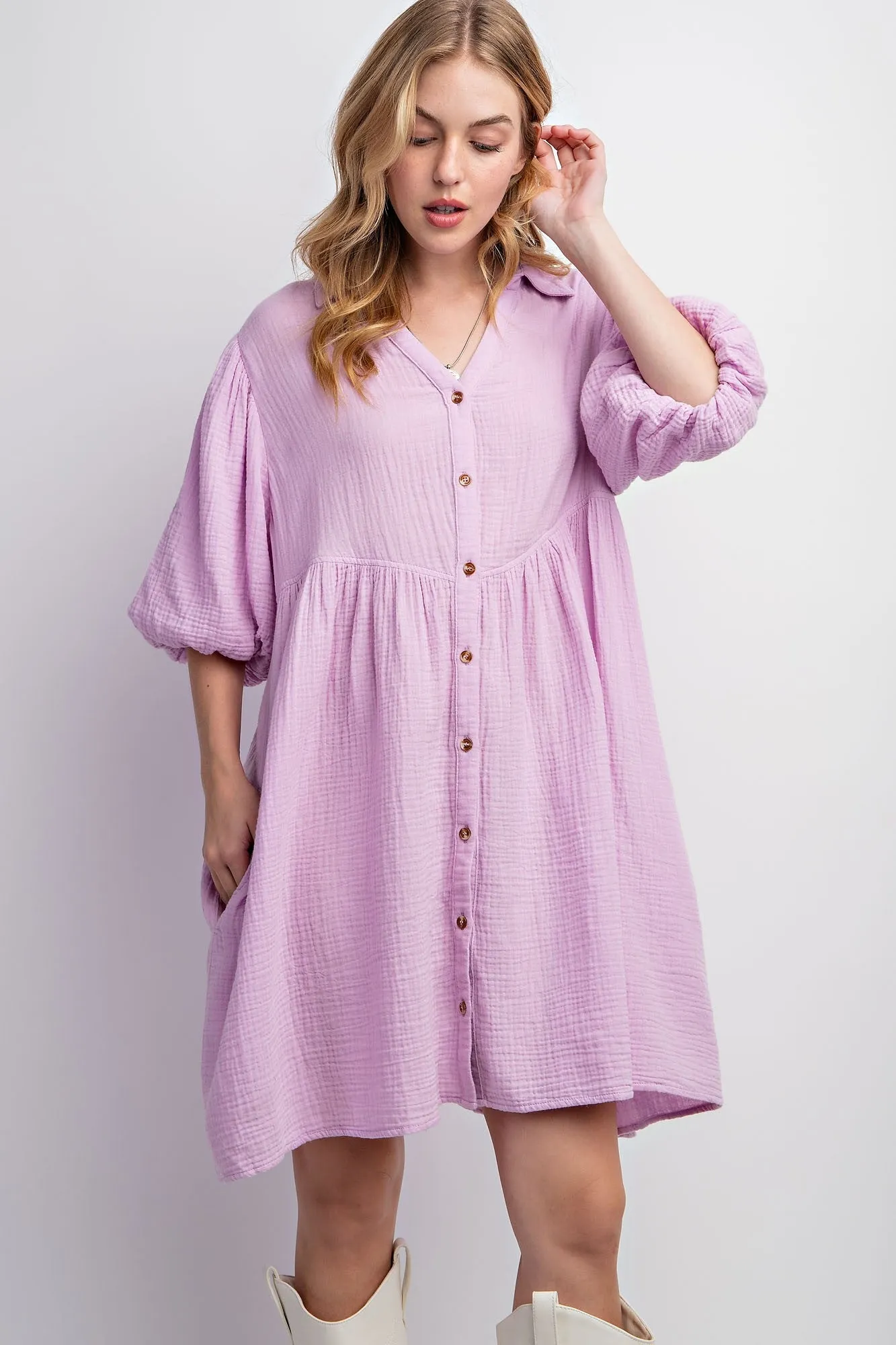 Lavender Button Down Bubble Sleeve Collared Maternity Dress sold by Pinkblush product image thumbnail 5