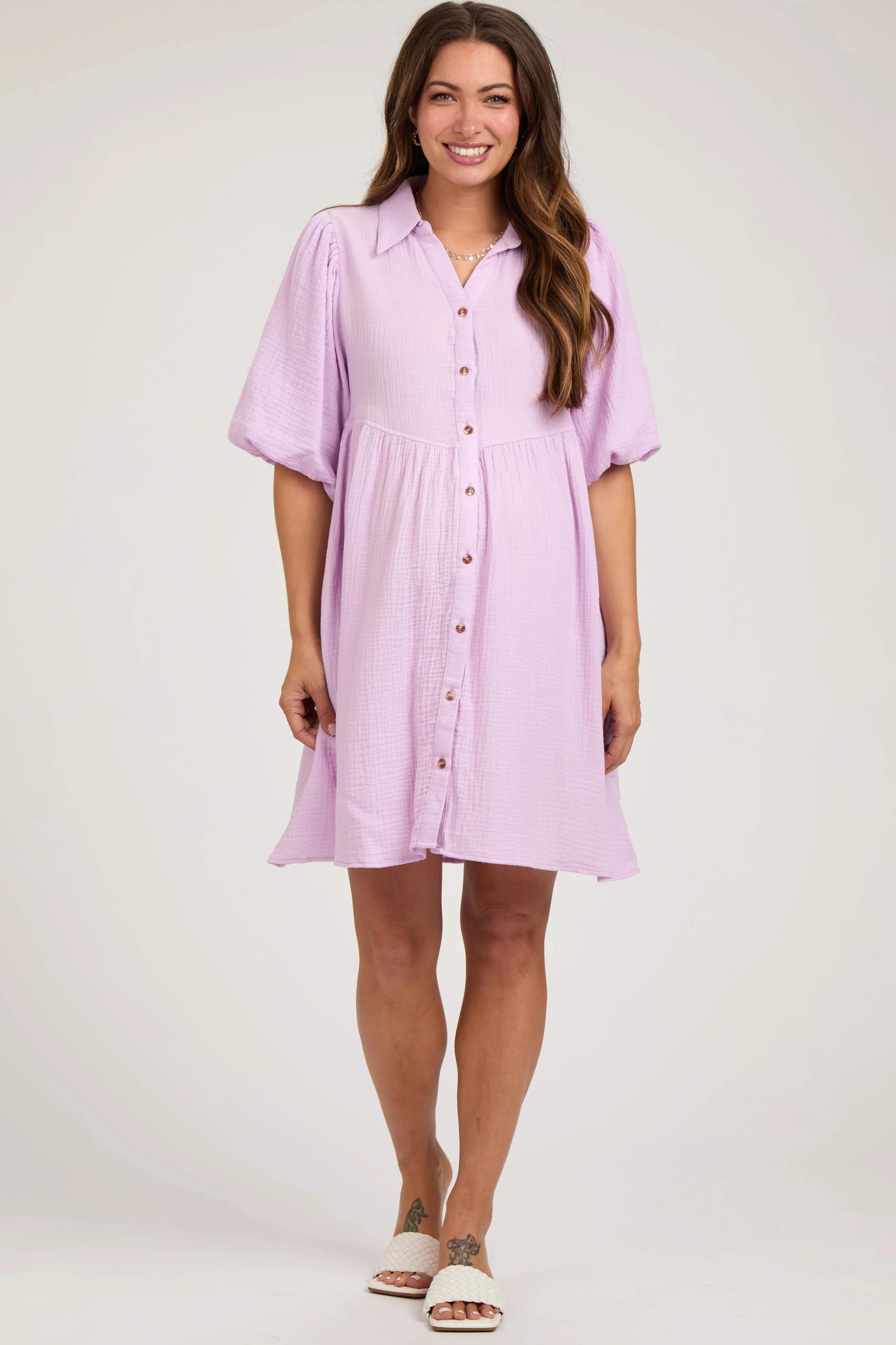 Lavender Button Down Bubble Sleeve Collared Maternity Dress sold by Pinkblush product image thumbnail 2