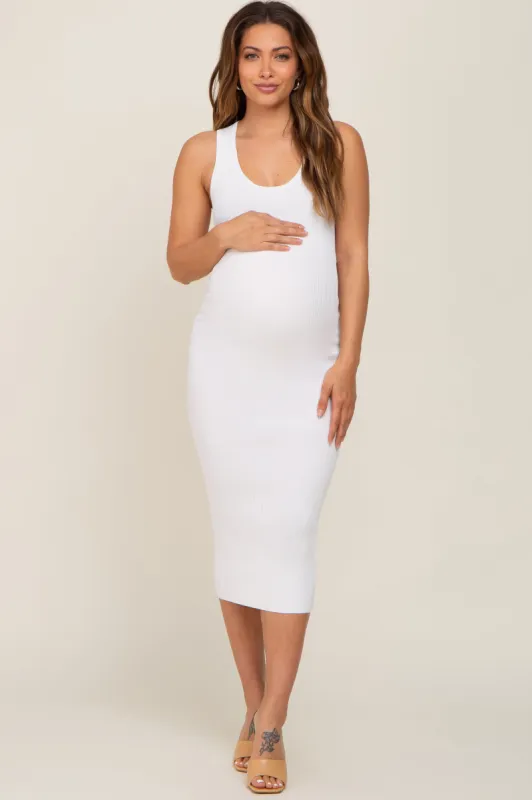 White Ribbed Low Back Cut Out Sleeveless Maternity Midi Dress sold by Pinkblush