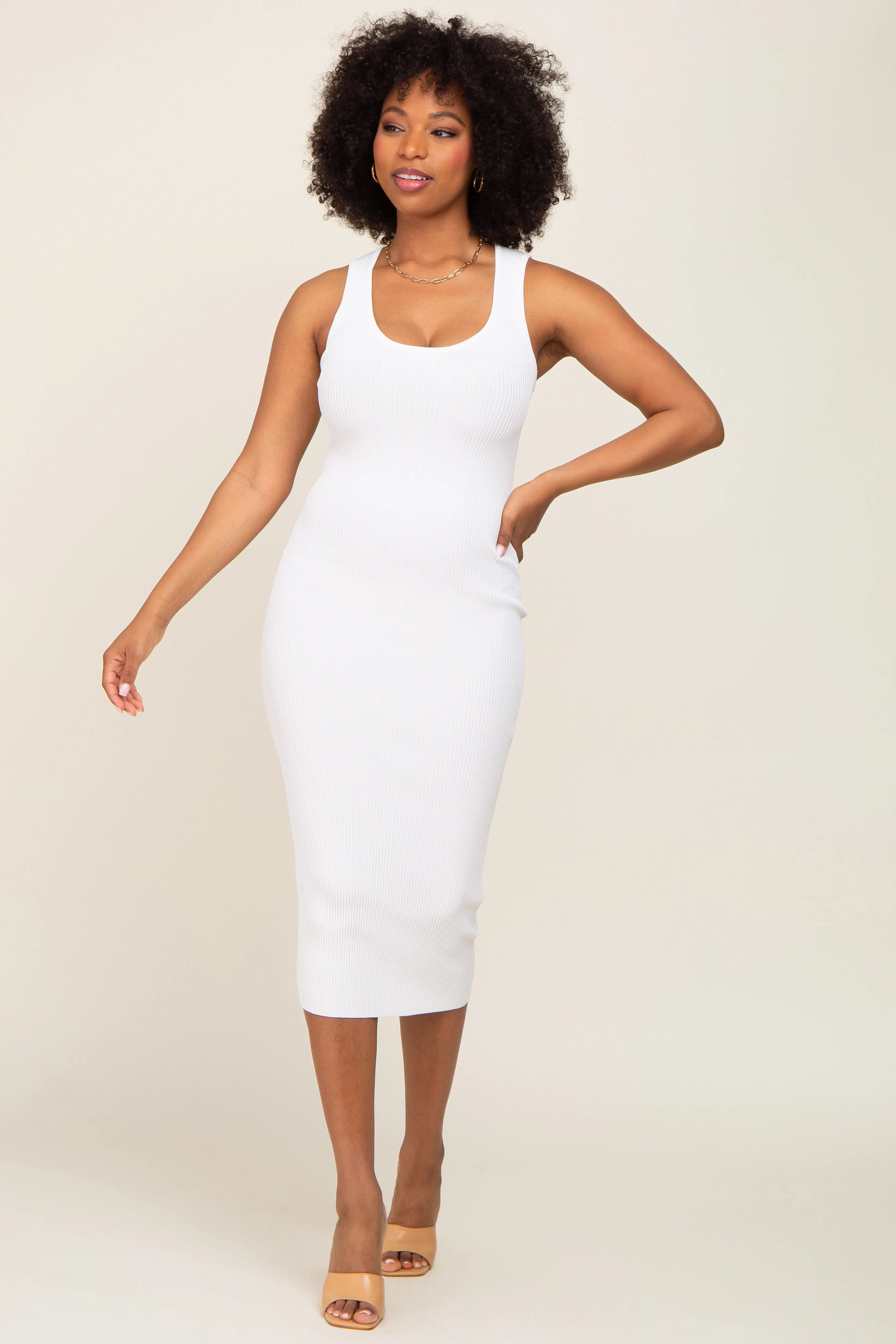 White Ribbed Low Back Cut Out Sleeveless Maternity Midi Dress sold by Pinkblush product image thumbnail 5