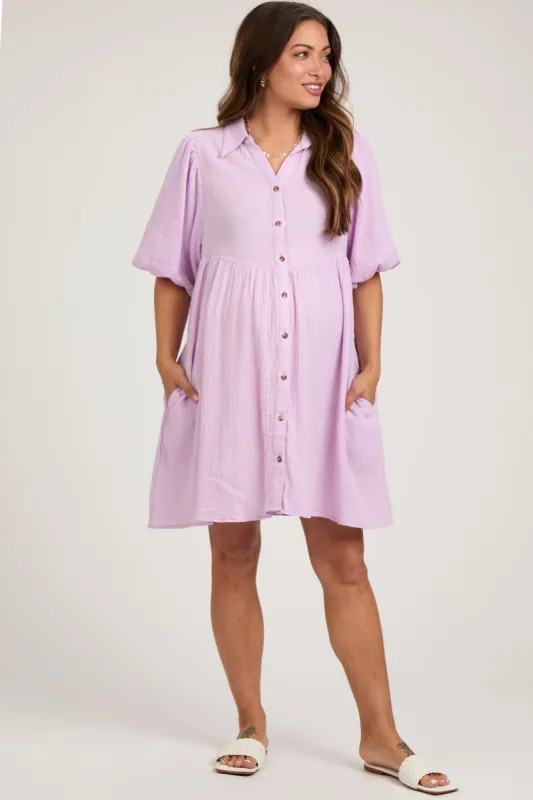 Lavender Button Down Bubble Sleeve Collared Maternity Dress sold by Pinkblush