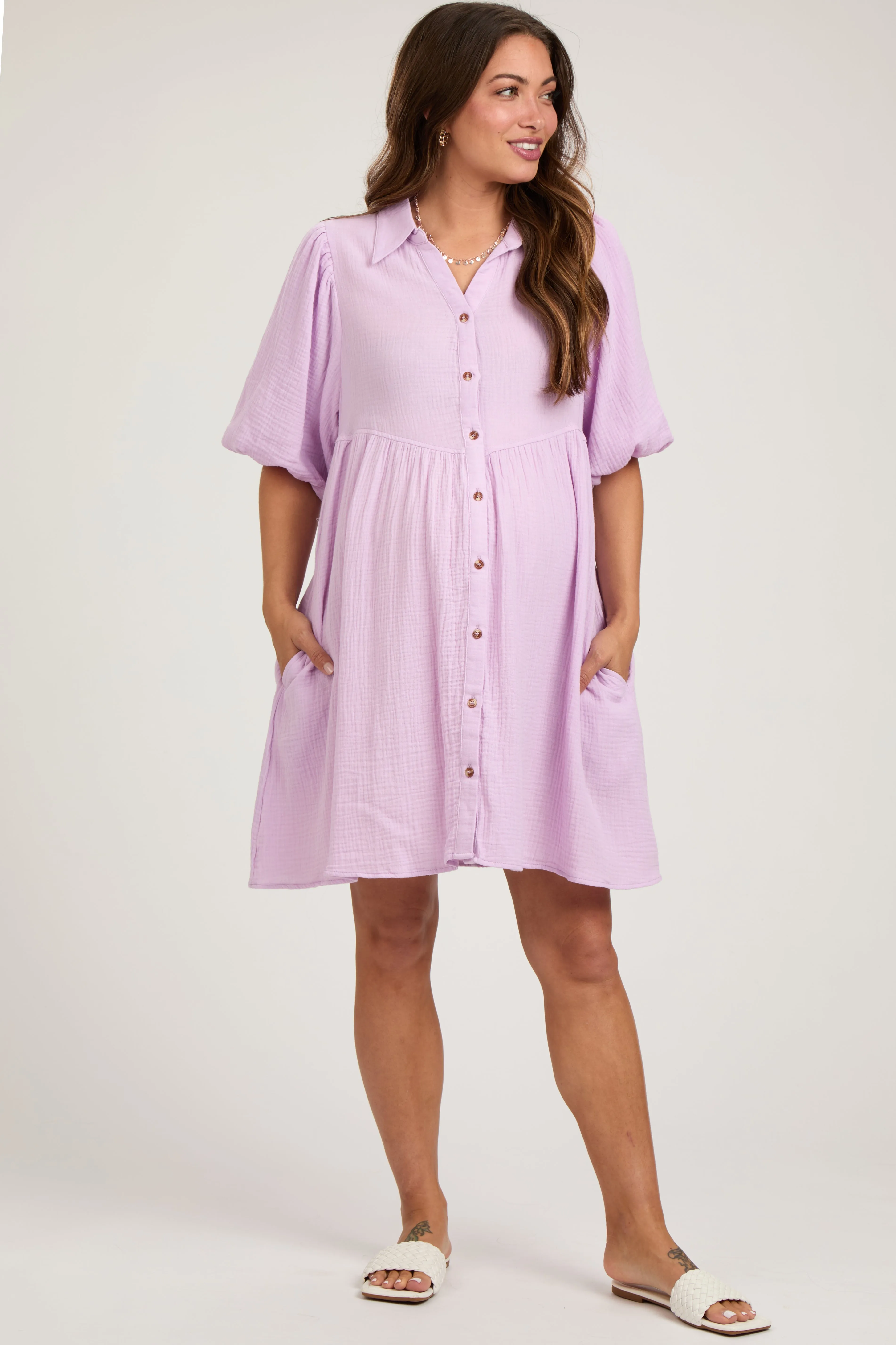 Lavender Button Down Bubble Sleeve Collared Maternity Dress sold by Pinkblush