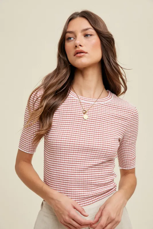 Rust Striped Short Sleeve Top sold by Pinkblush