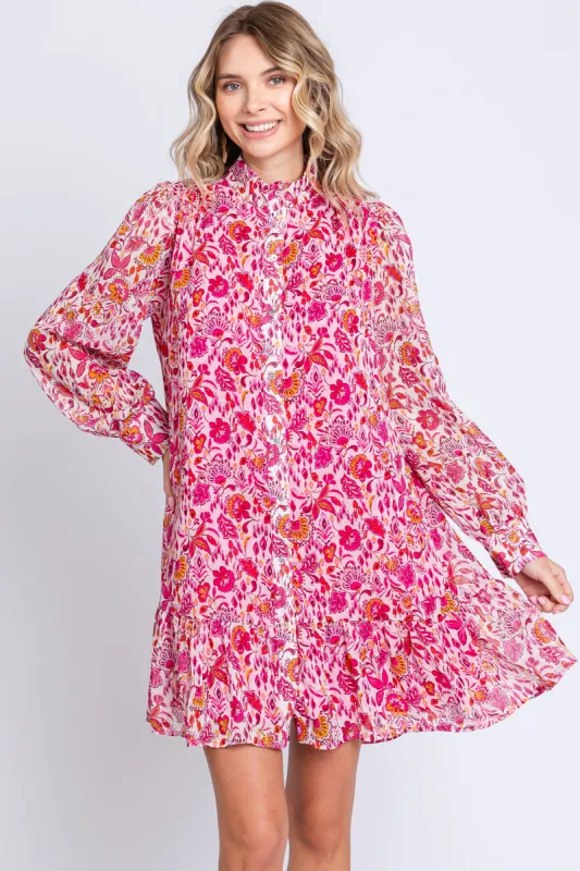 Magenta Floral Chiffon Mock Neck Button Front Dress sold by Pinkblush