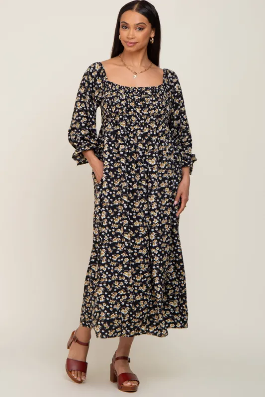 Black Floral Smocked 3/4 Sleeve Midi Dress sold by Pinkblush