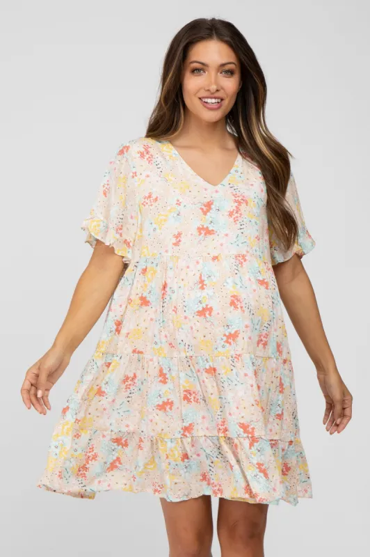 Beige Floral Tiered Maternity Dress sold by Pinkblush