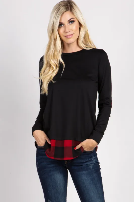 PinkBlush Black Solid Plaid Accent Long Sleeve Top sold by Pinkblush