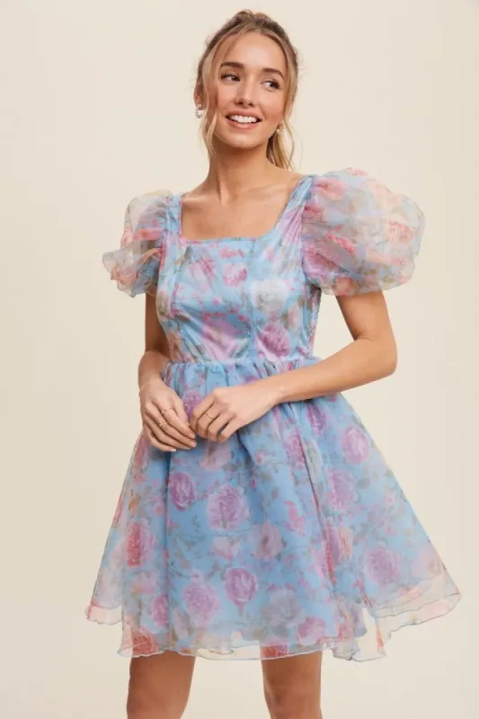 Blue Floral Print Organza Balloon Sleeve Mini Dress sold by Pinkblush