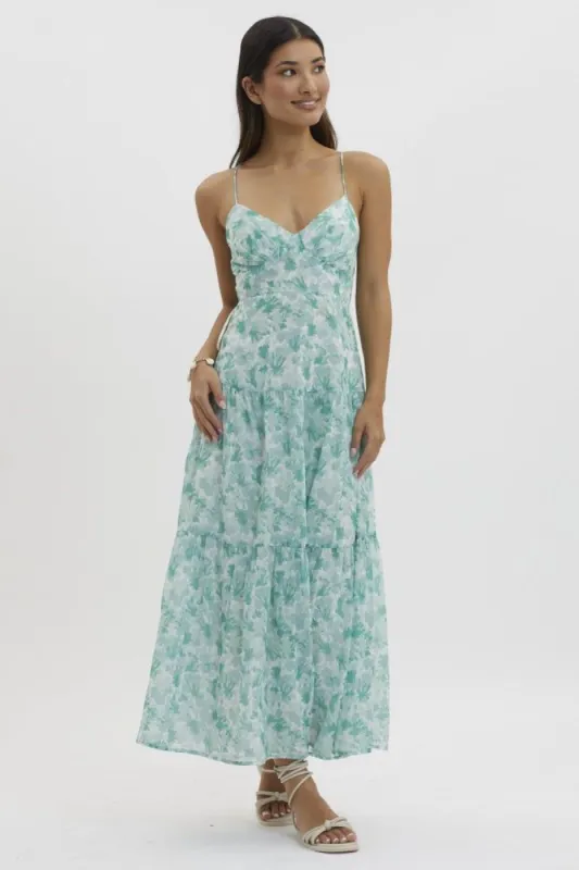 Green V Neckline Floral Print Maxi Dress sold by Pinkblush