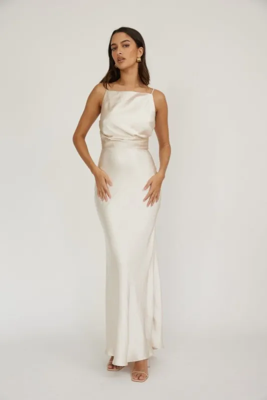 Champagne High Front Cover Metallic Maxi Dress sold by Pinkblush