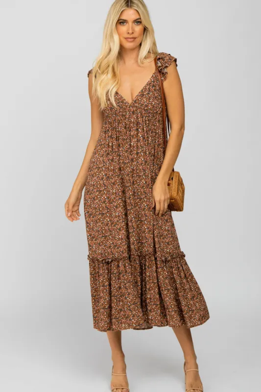 Brown Floral Ruffle Accent Midi Dress sold by Pinkblush