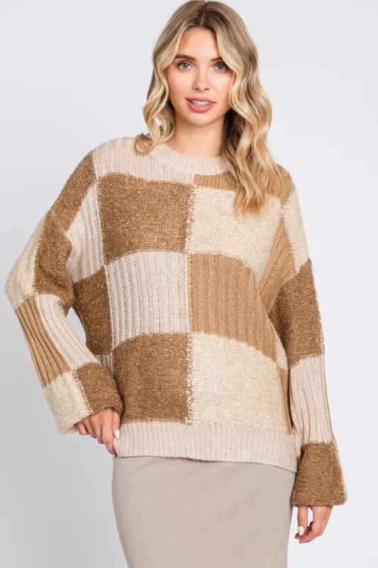 Mocha Multi-Textured Checkered Sweater sold by Pinkblush