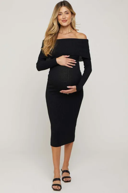 Black Rib Knit Off Shoulder Maternity Maxi Dress sold by Pinkblush