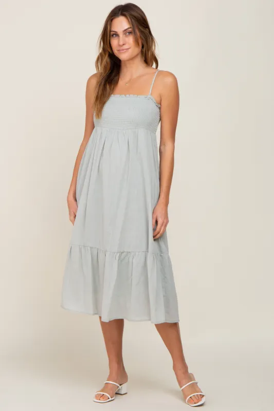 Light Olive Smocked Sleeveless Linen Midi Dress sold by Pinkblush