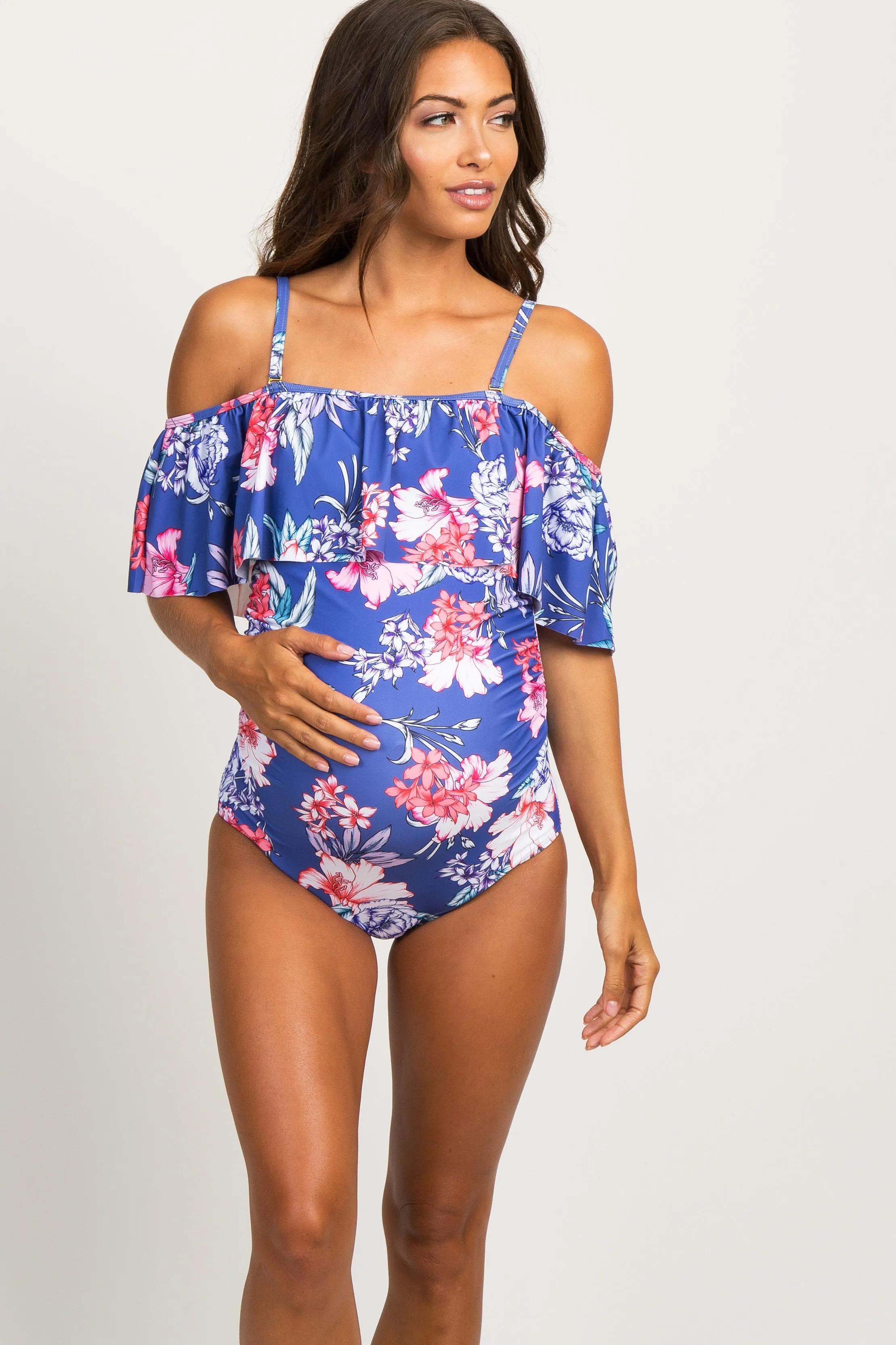 Periwinkle Floral Ruffle Trim Ruched One-Piece Maternity Swimsuit sold by Pinkblush product image thumbnail 3