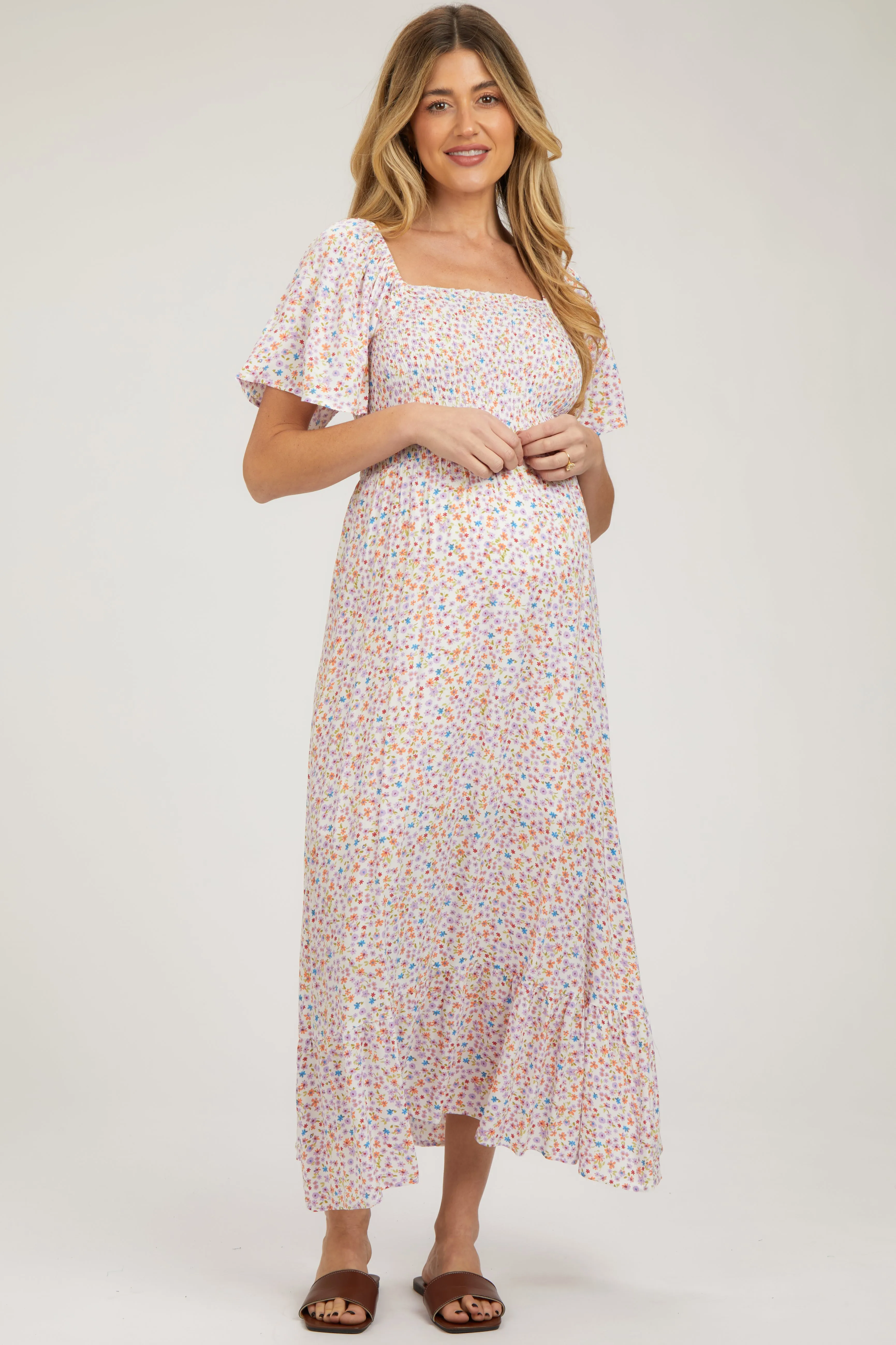 Ivory Floral Smocked Maternity Maxi Dress sold by Pinkblush