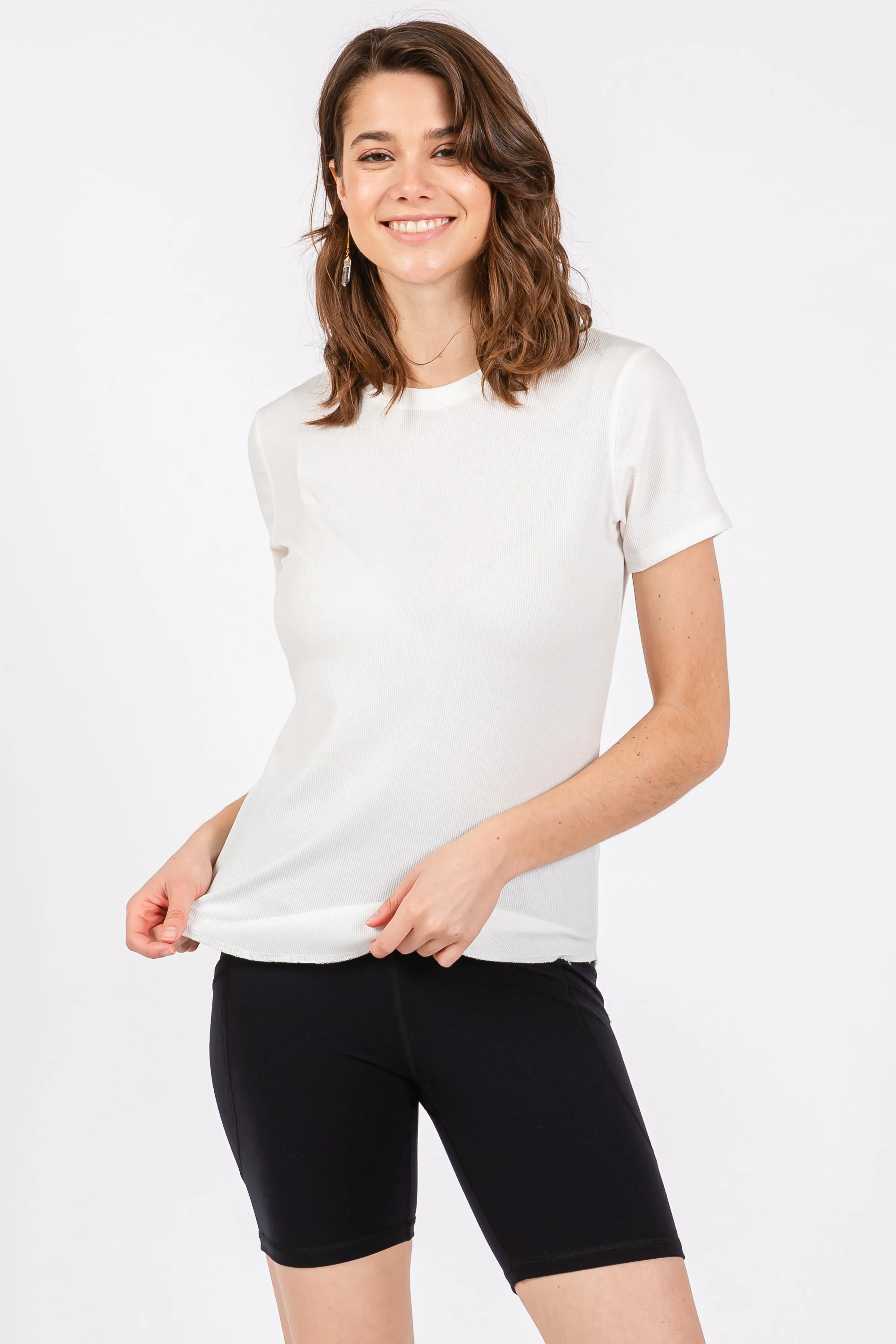 White Ribbed Short Sleeve Curved Hem Top sold by Pinkblush product image thumbnail 3