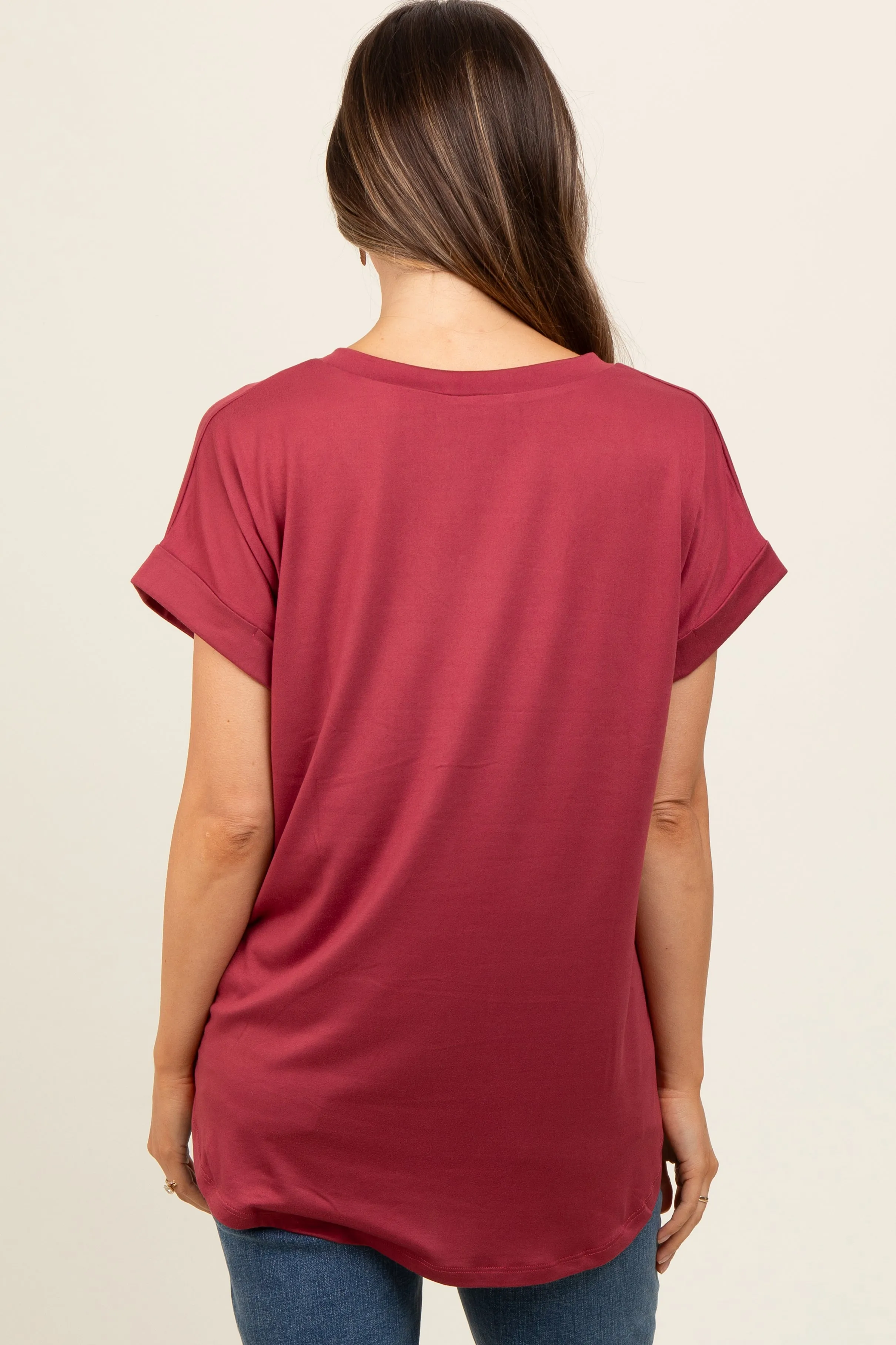 Burgundy V-Neck Pocket Short Sleeve Shirt sold by Pinkblush product image thumbnail 4