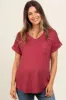 Burgundy V-Neck Pocket Short Sleeve Shirt sold by Pinkblush