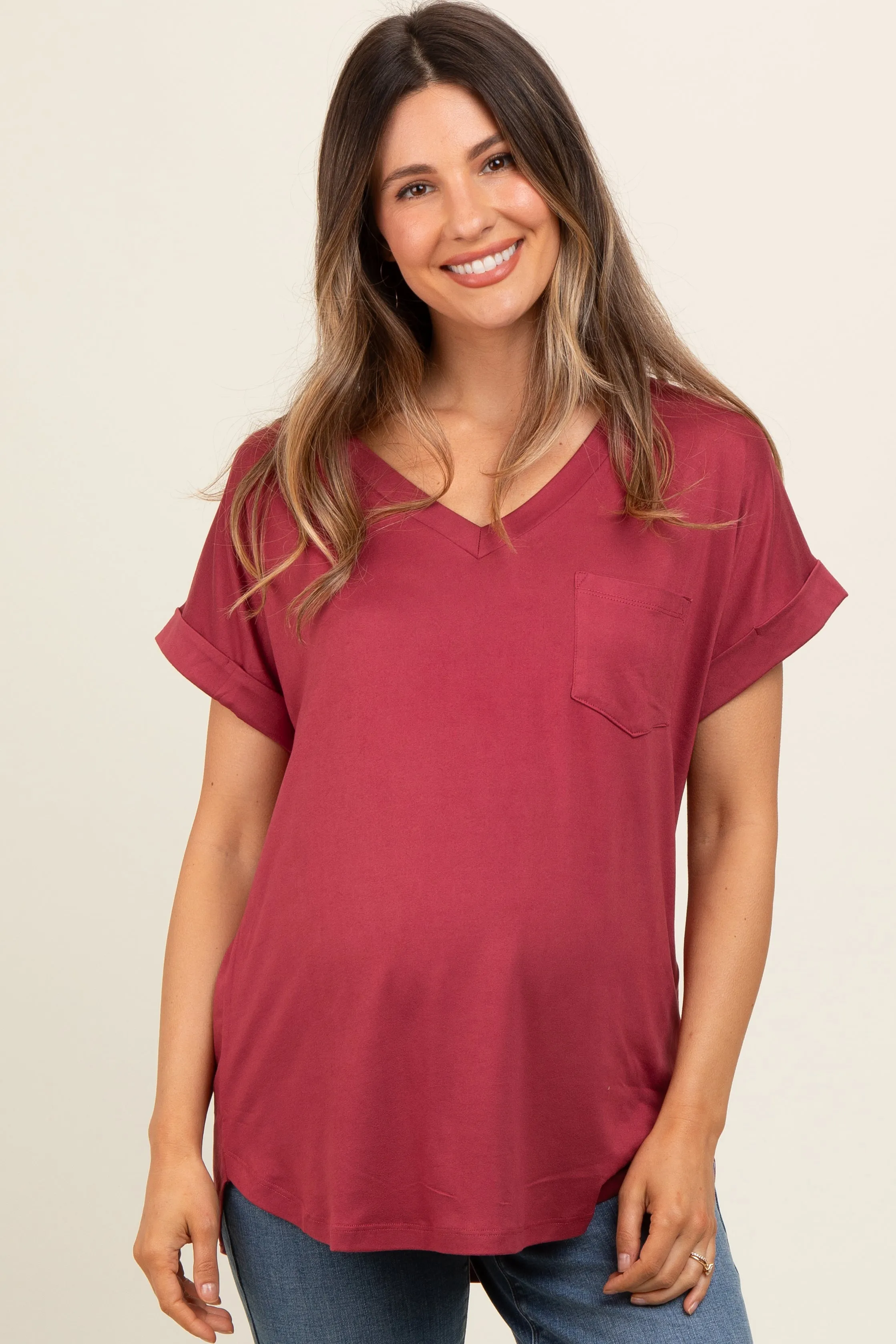 Burgundy V-Neck Pocket Short Sleeve Shirt sold by Pinkblush