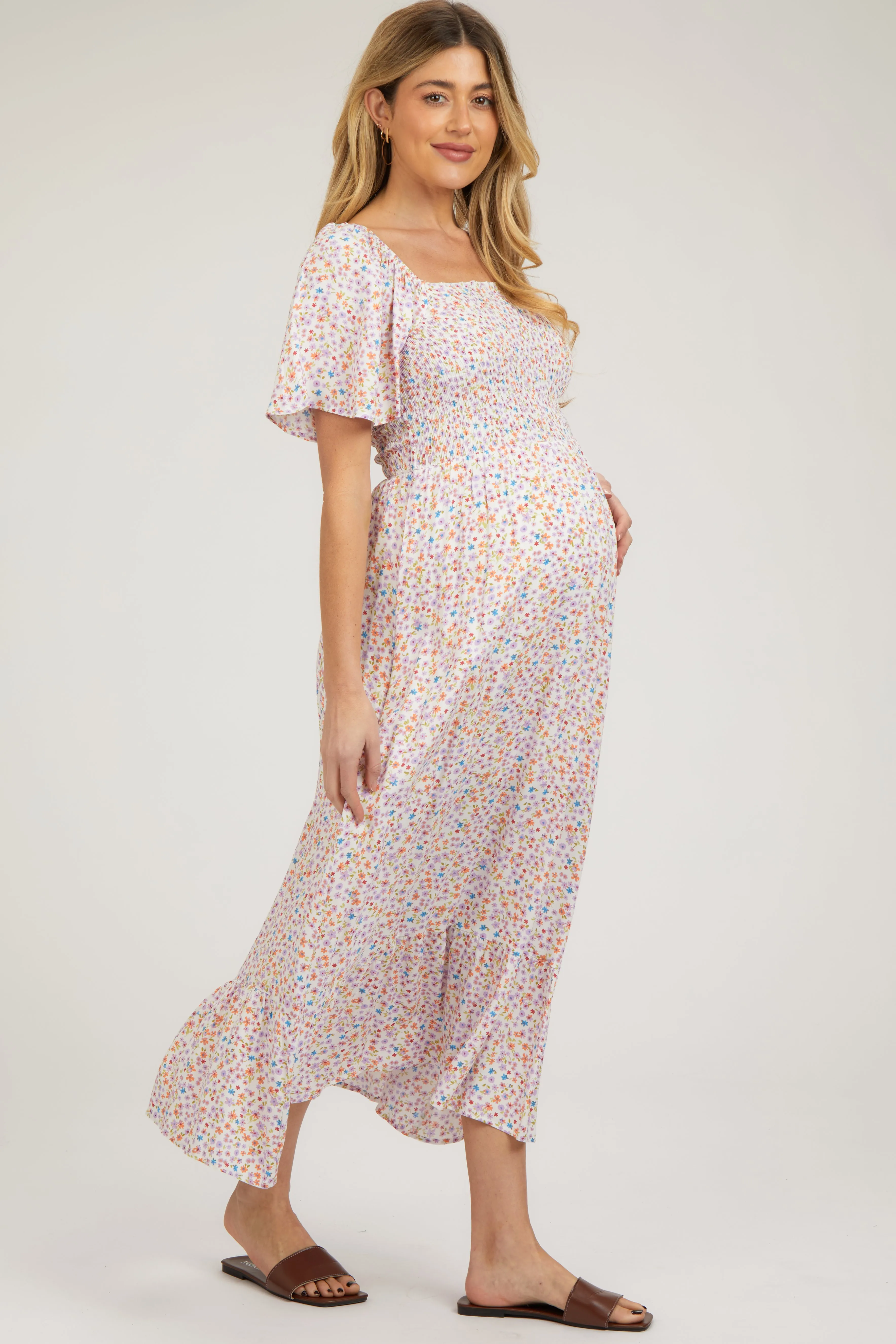 Ivory Floral Smocked Maternity Maxi Dress sold by Pinkblush product image thumbnail 2
