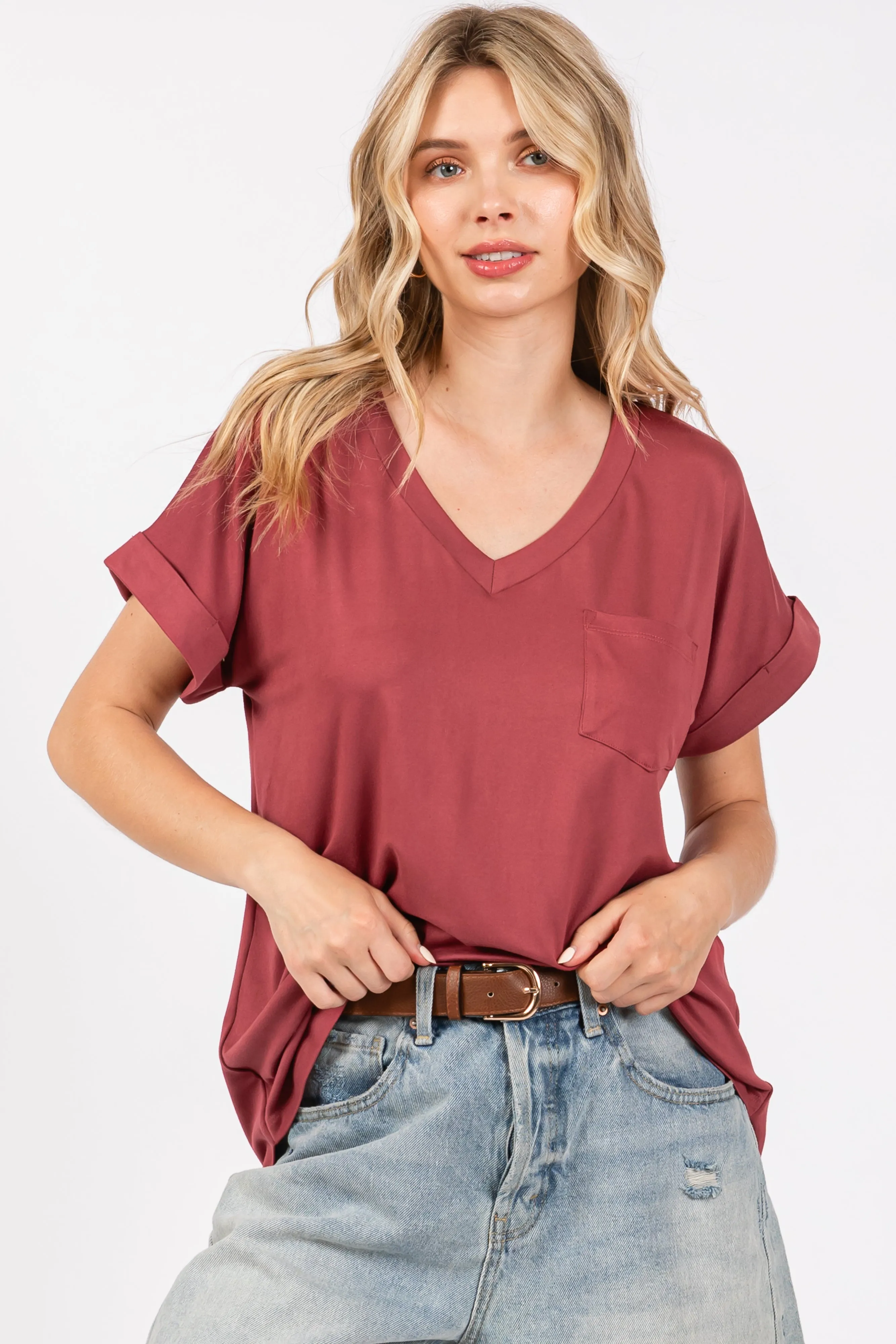 Burgundy V-Neck Pocket Short Sleeve Shirt sold by Pinkblush product image thumbnail 5