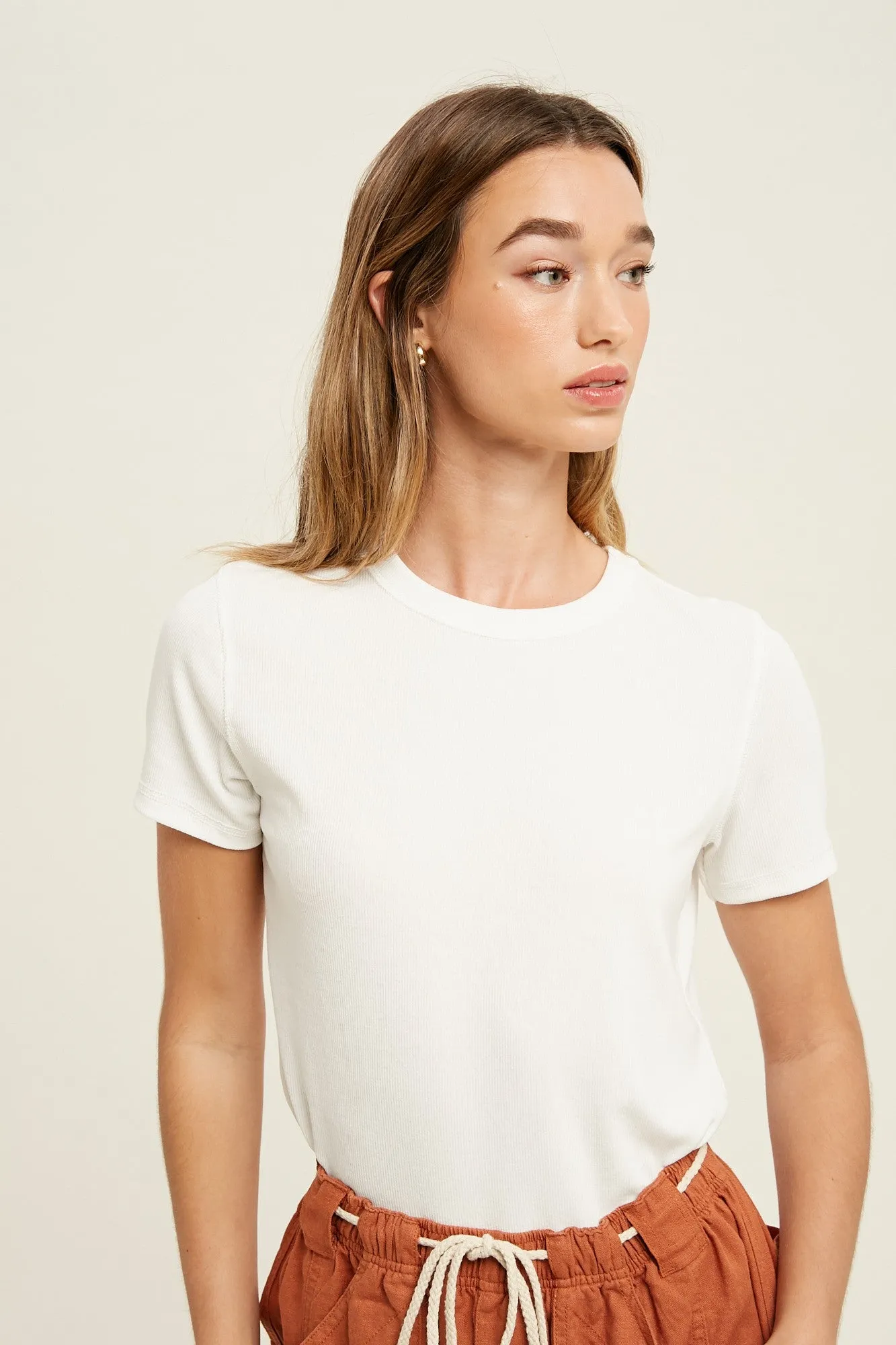White Ribbed Short Sleeve Curved Hem Top sold by Pinkblush