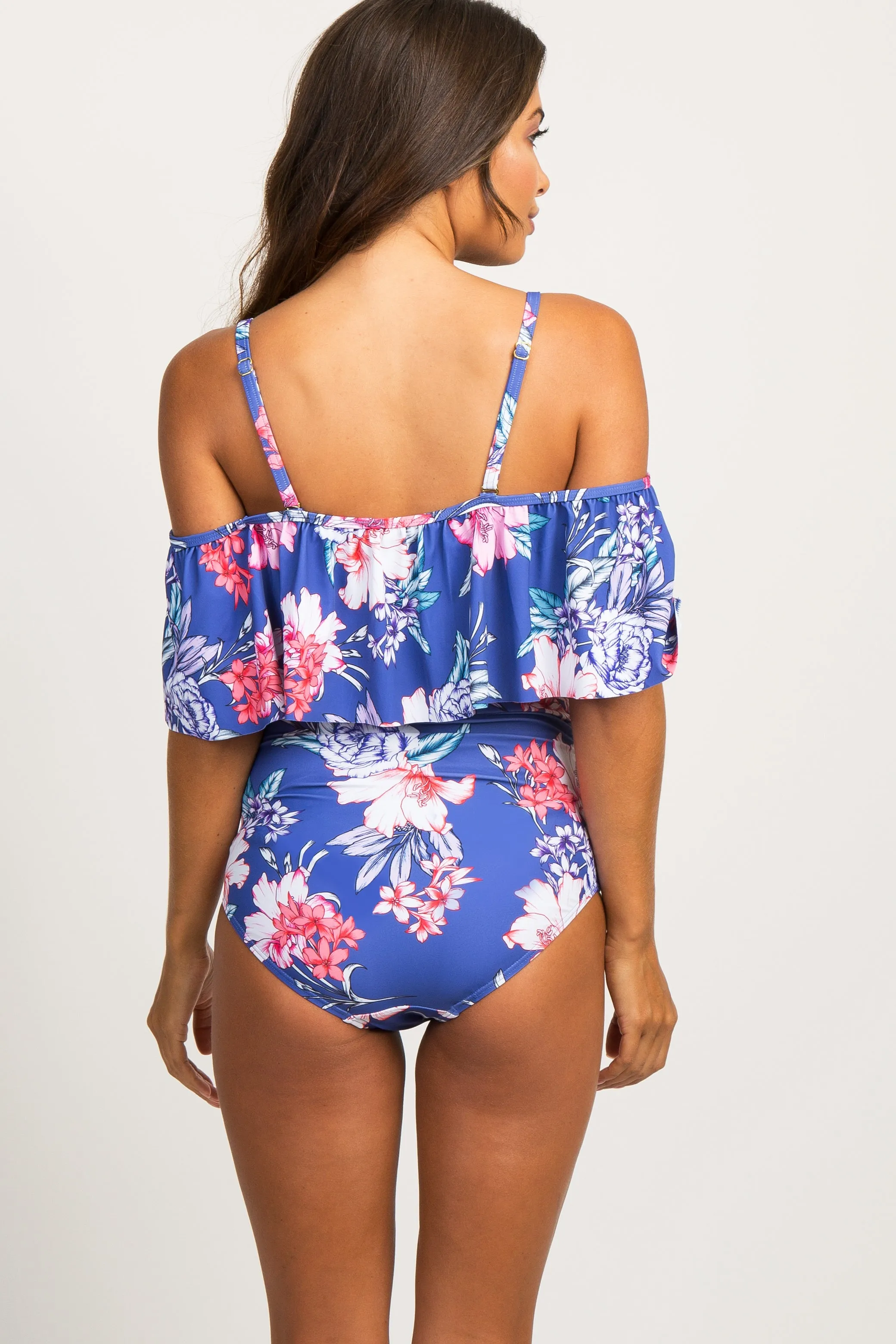 Periwinkle Floral Ruffle Trim Ruched One-Piece Maternity Swimsuit sold by Pinkblush product image thumbnail 5