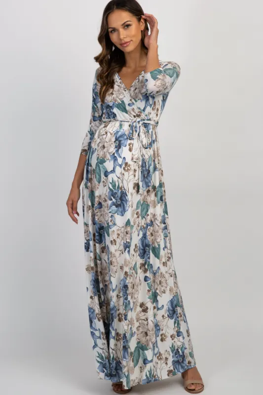 PinkBlush Ivory Floral Sash Tie Maternity/Nursing Maxi Dress sold by Pinkblush