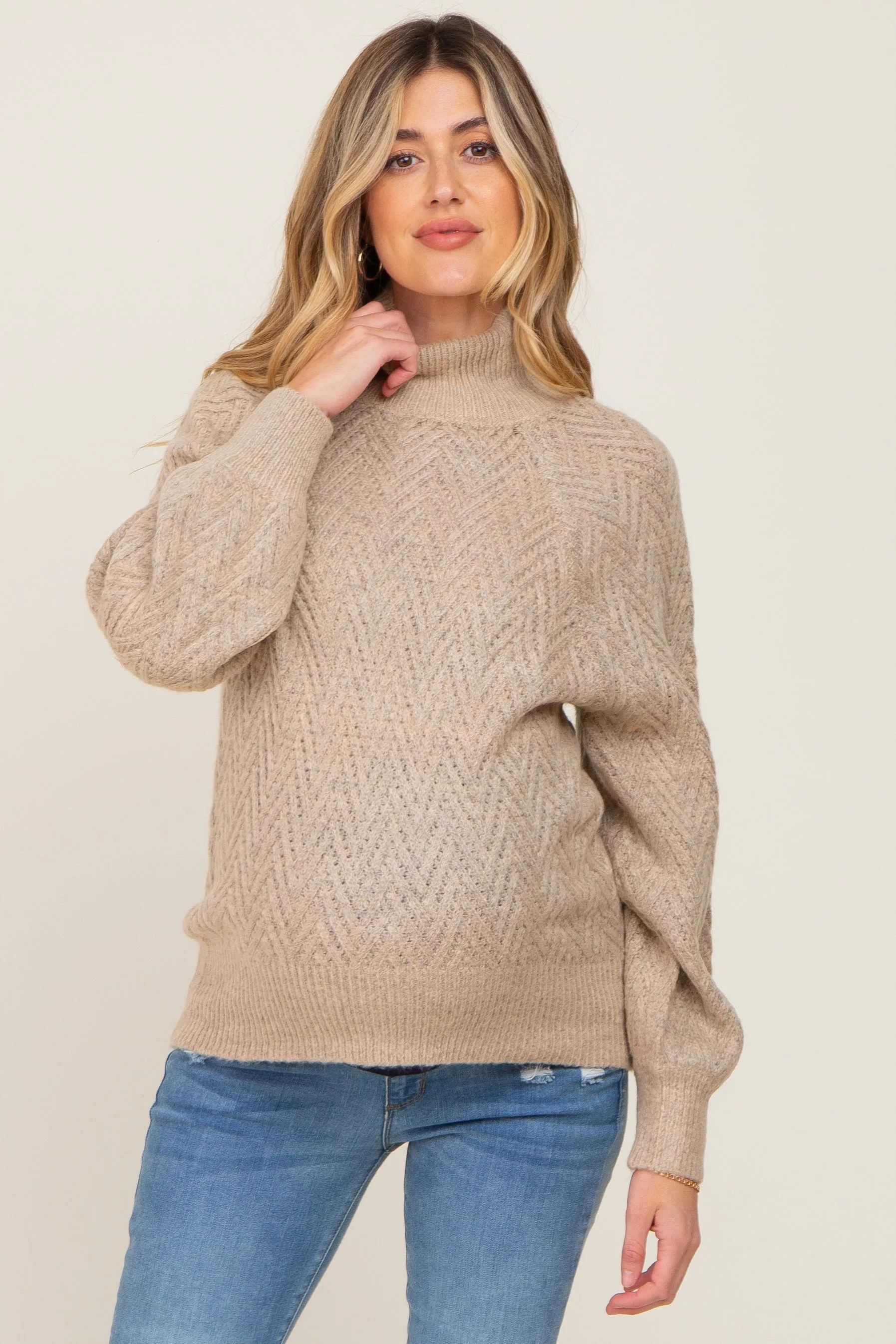 Beige Knit Turtleneck Maternity Sweater sold by Pinkblush