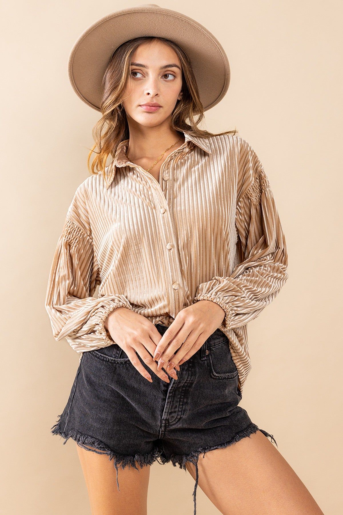 Beige Velvet Ribbed Collared Long Sleeve Blouse sold by Pinkblush