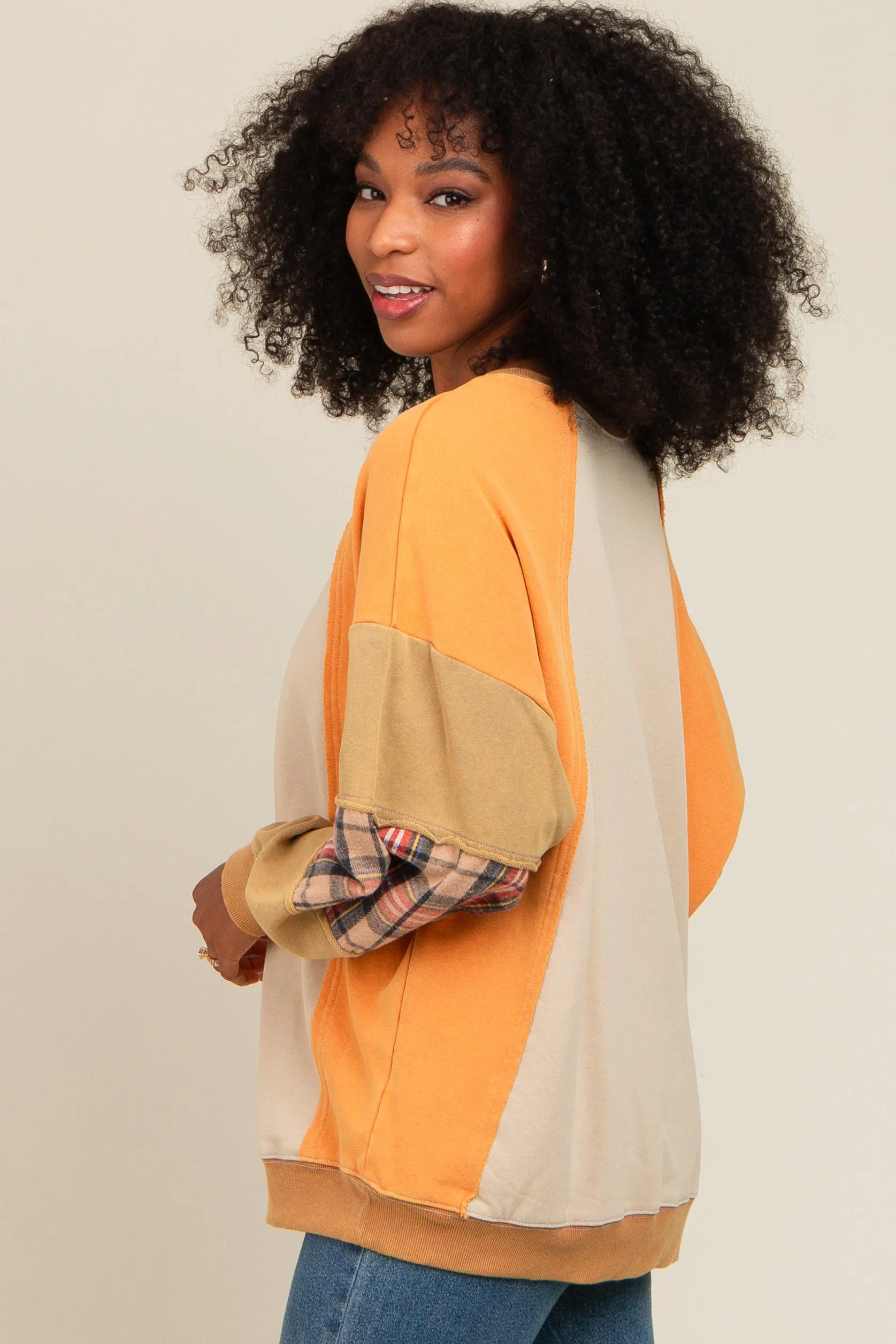 Peach Colorblock Plaid Dolman Sleeve Pullover sold by Pinkblush product image thumbnail 3
